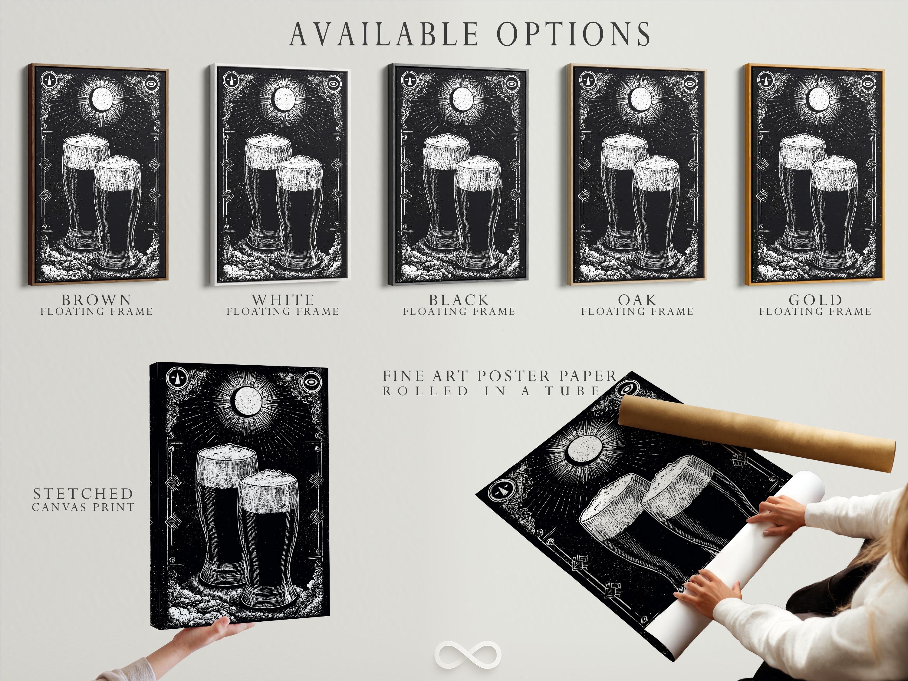 Person holding a framed black-and-white beer mug illustration in a workshop-style bar setting