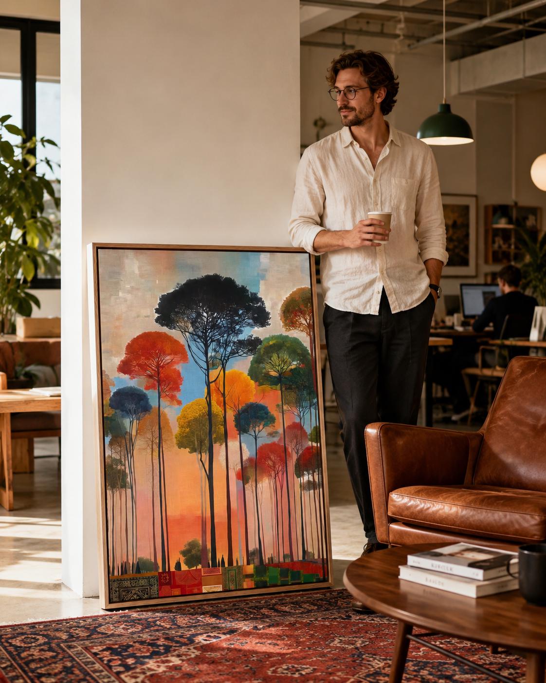 Room mockup with a large framed forest artwork above a sofa