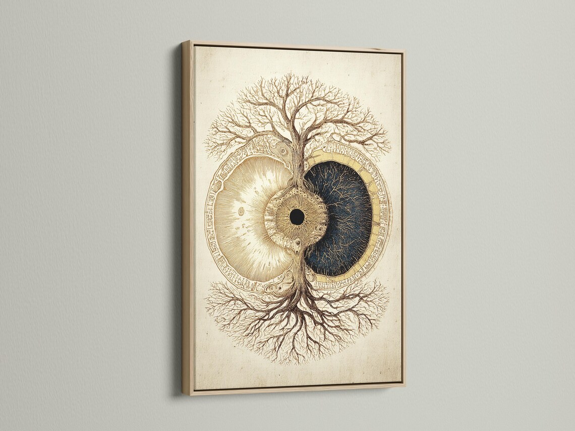 Tree of life symbol with gold and dark navy split circle on a beige background detail view