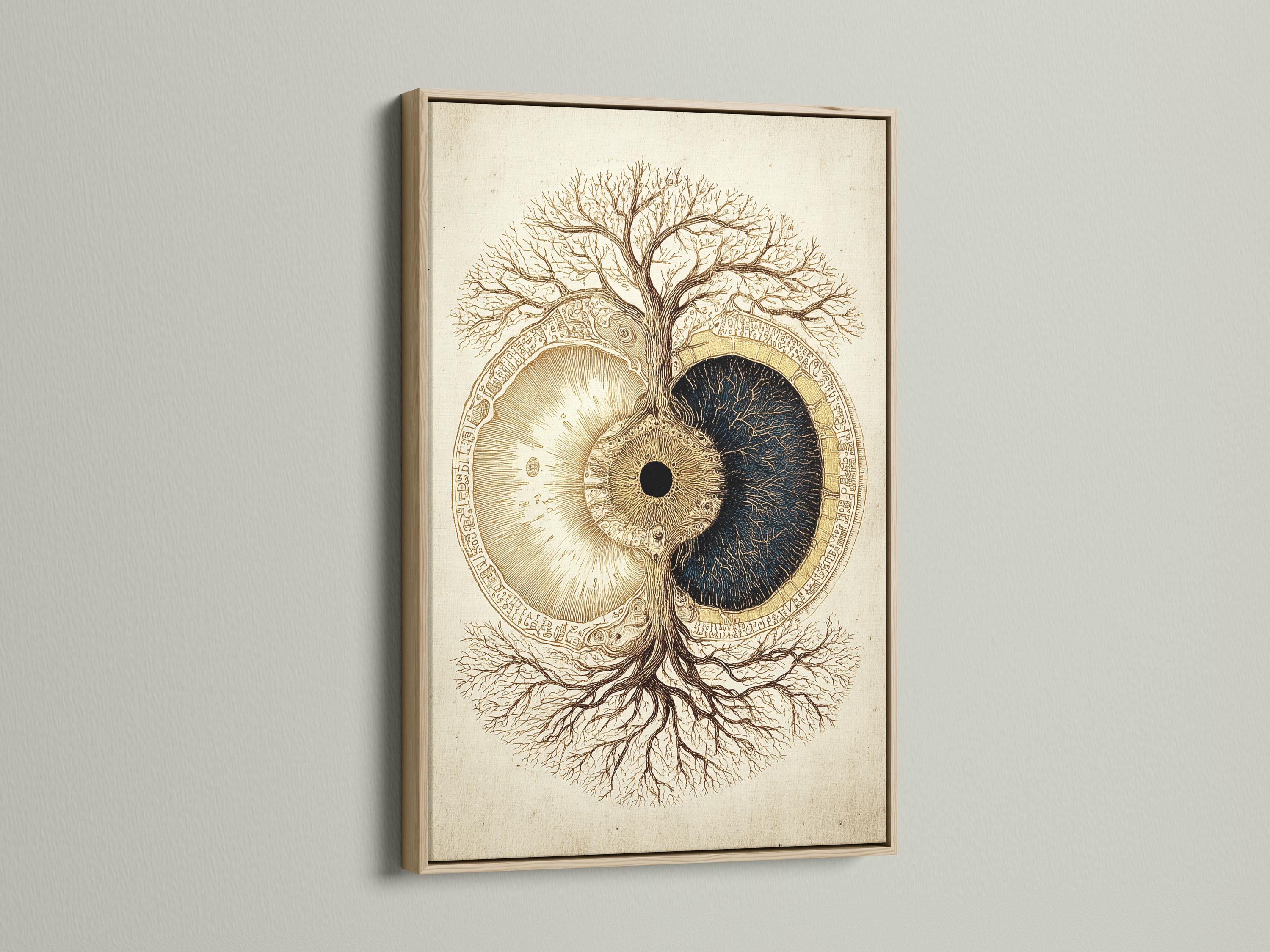 Tree of life symbol with gold and dark navy split circle on a beige background detail view