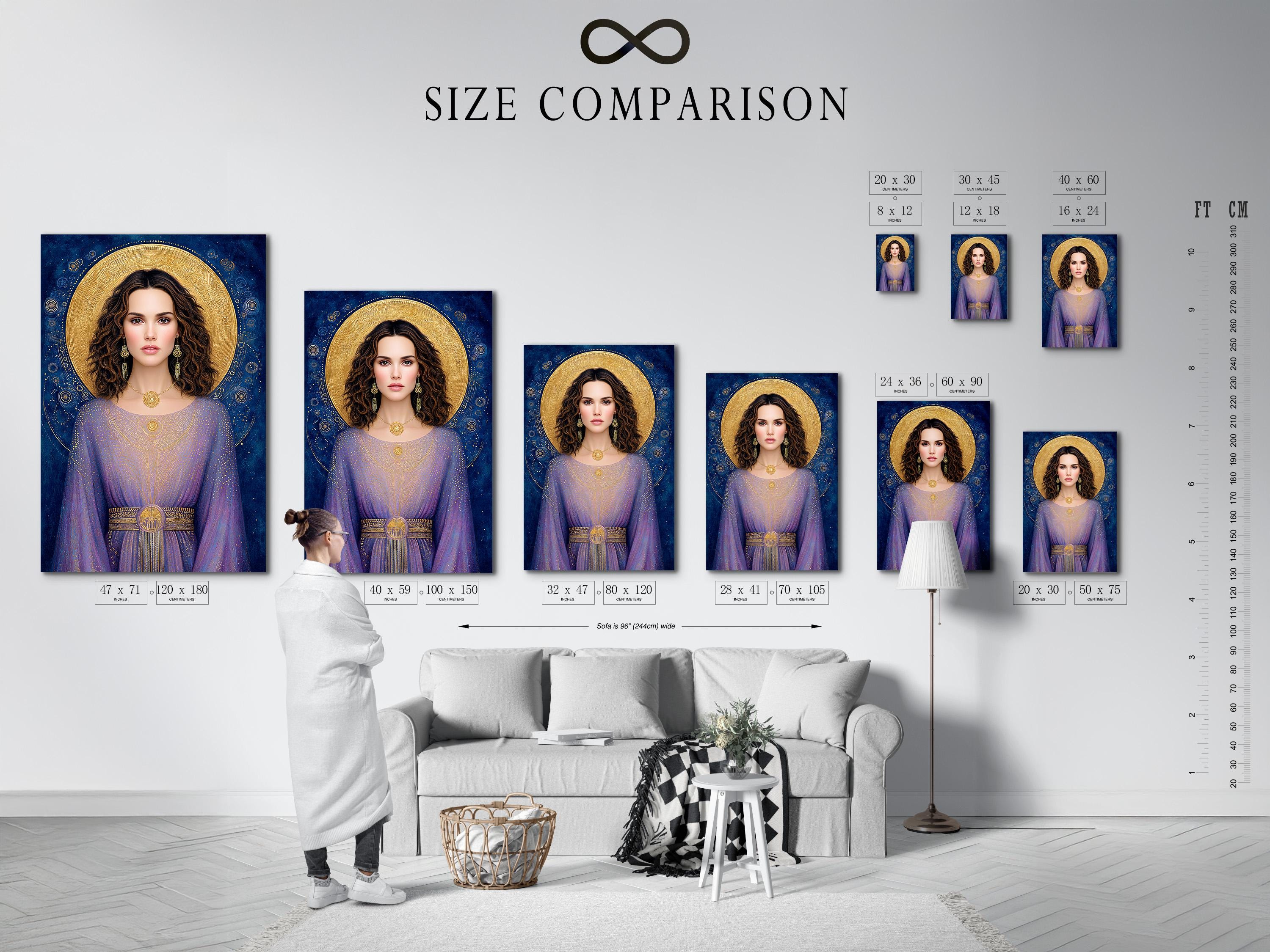 Celestial goddess portrait with a gold halo, blue and purple robe, and decorative star-like speckles detail view