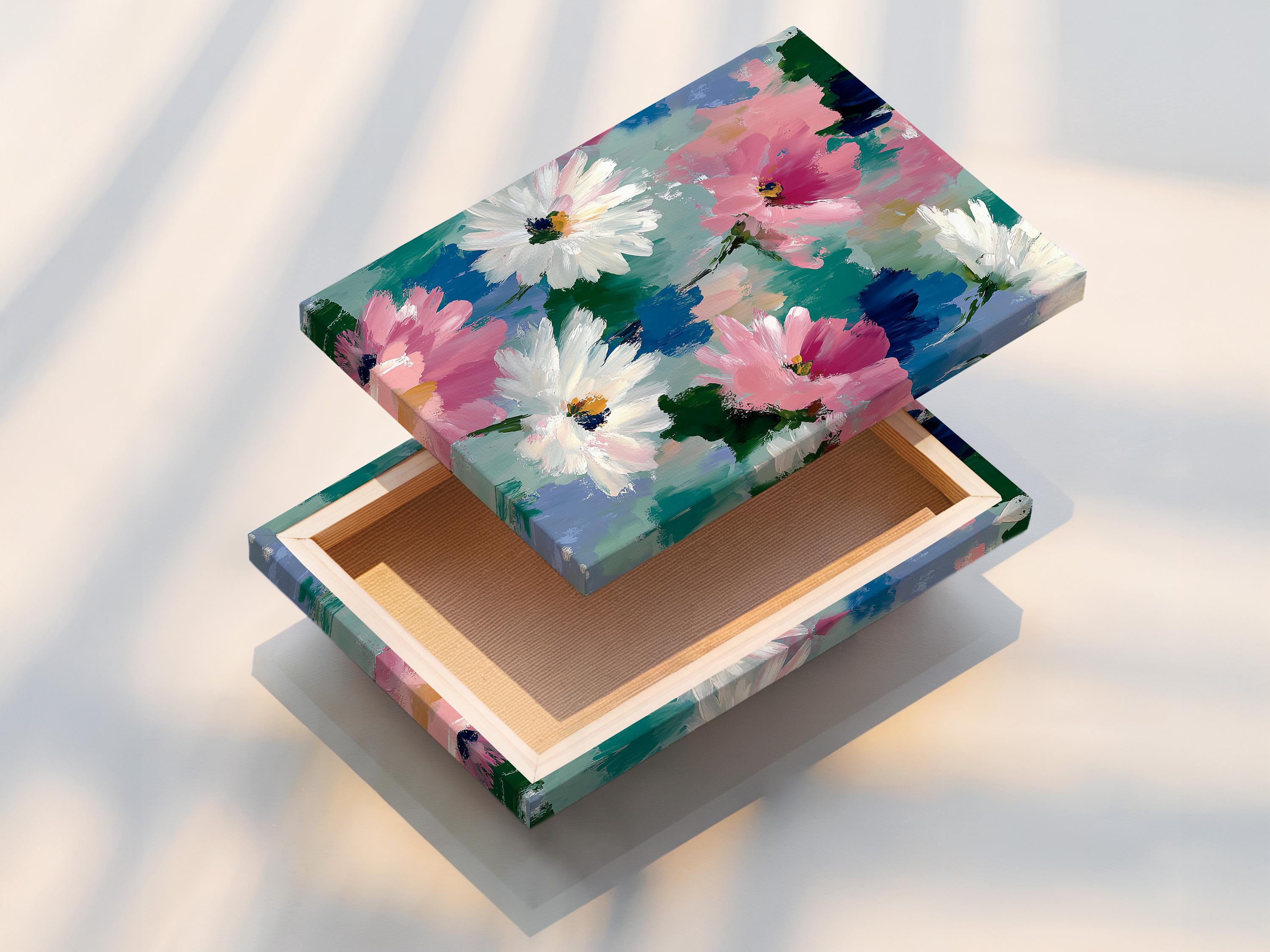 Abstract floral painting with pink and white daisy-like flowers, teal and blue background, and green stems detail view