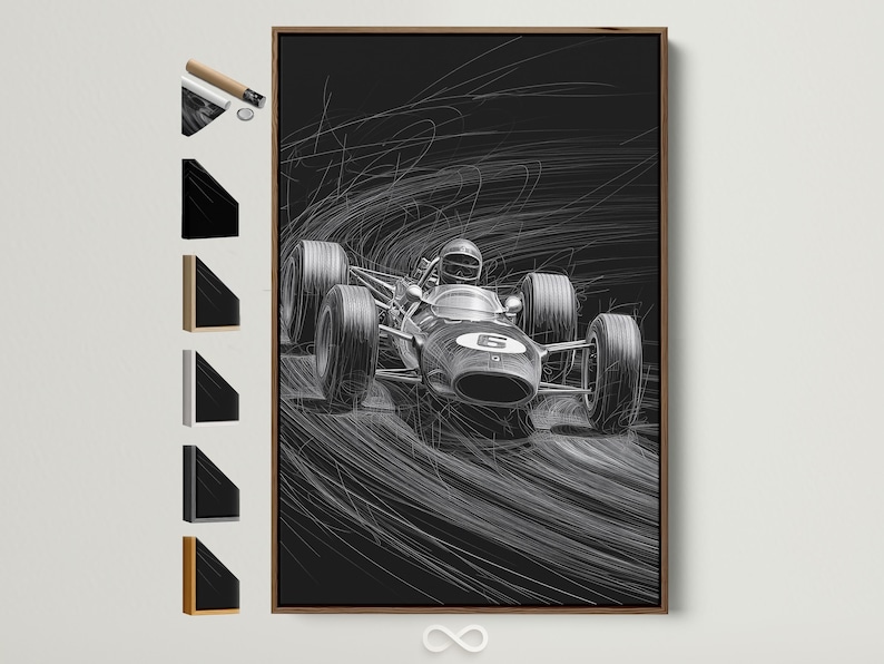 Black and white race car sketch with a helmeted driver and motion speed lines