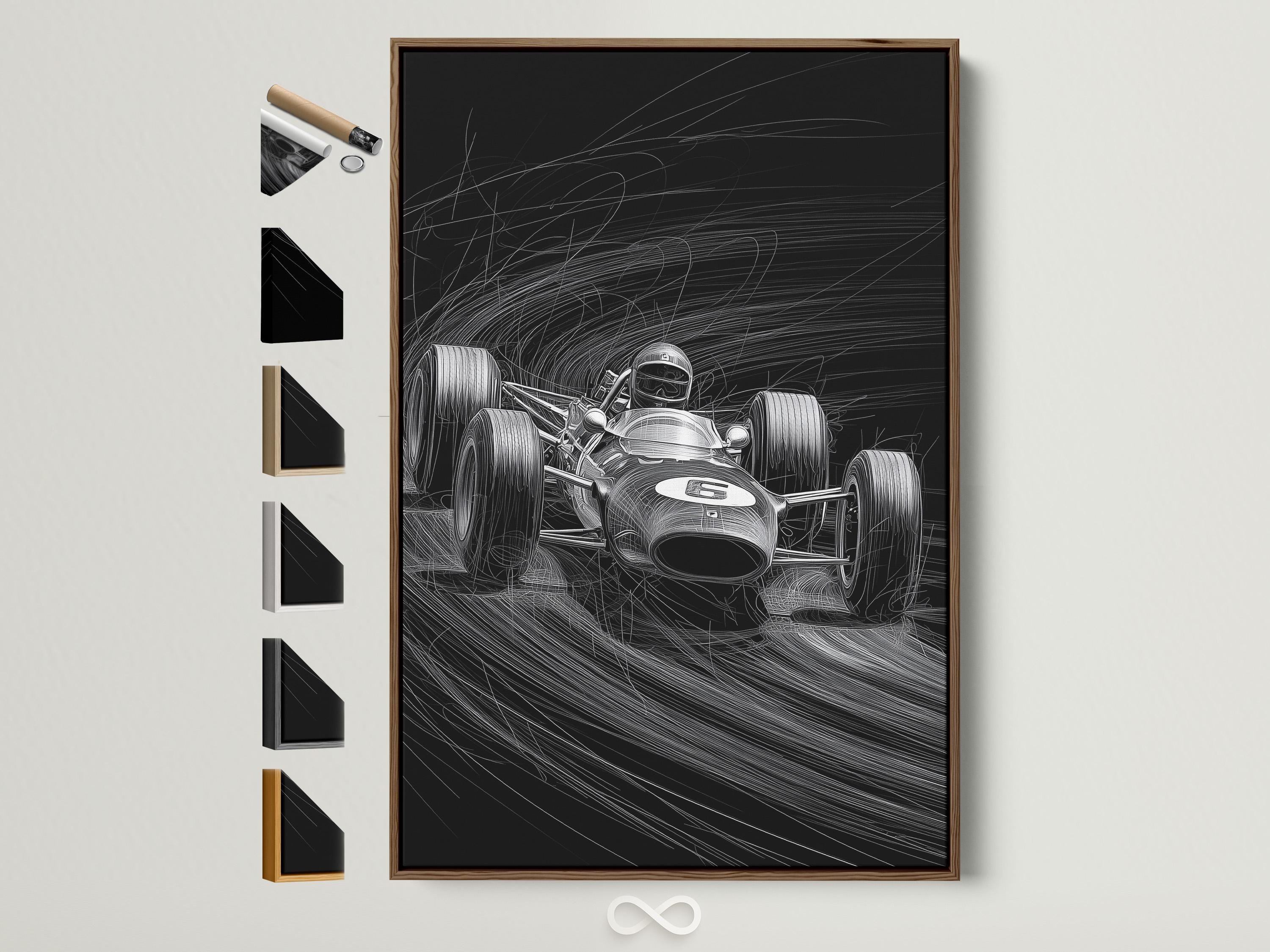 Black and white race car sketch with a helmeted driver and motion speed lines