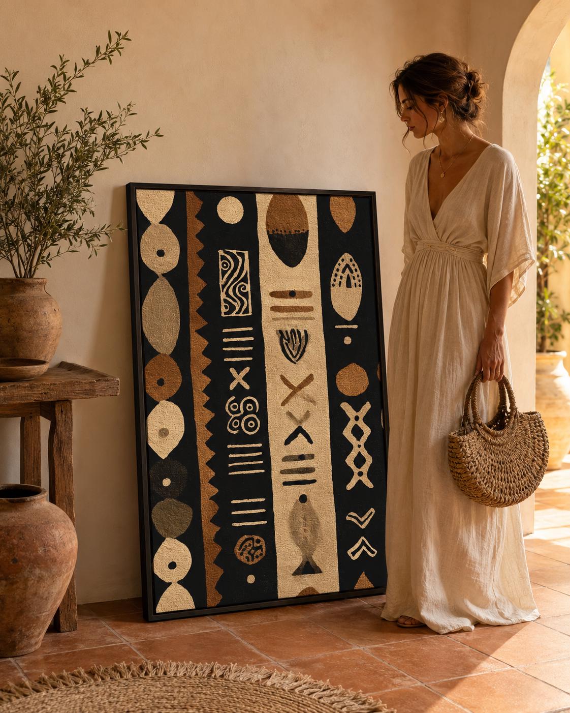 Man standing near a wall holding a drink next to a framed geometric tribal pattern artwork