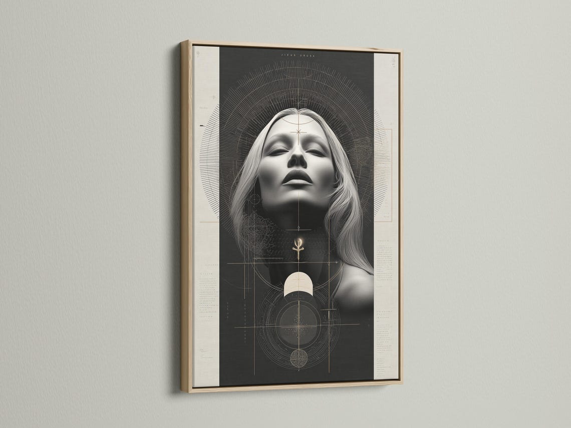 Geometric woman portrait artwork with grayscale face, arcs and black and beige tones plus small gold symbols detail view