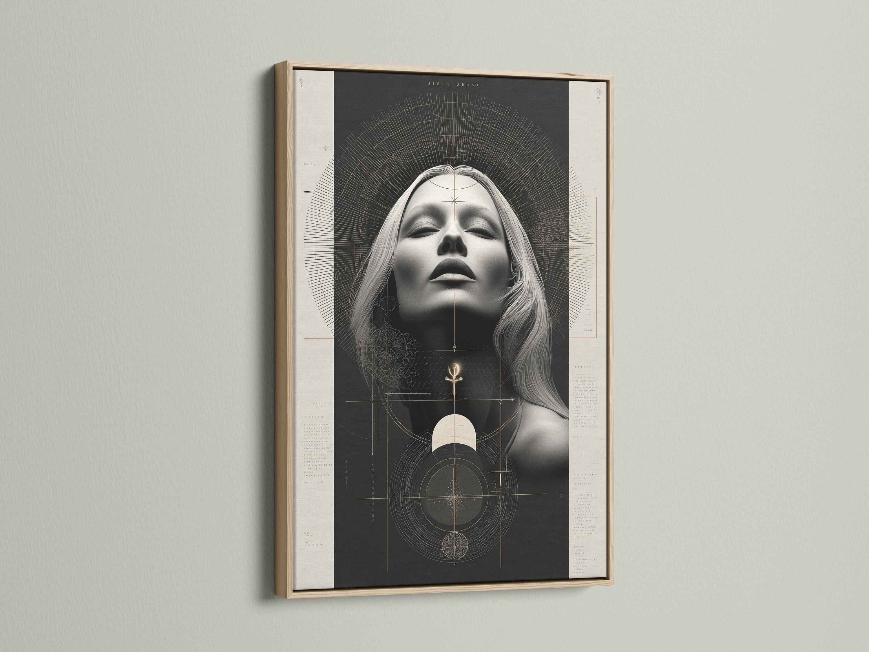 Geometric woman portrait artwork with grayscale face, arcs and black and beige tones plus small gold symbols detail view