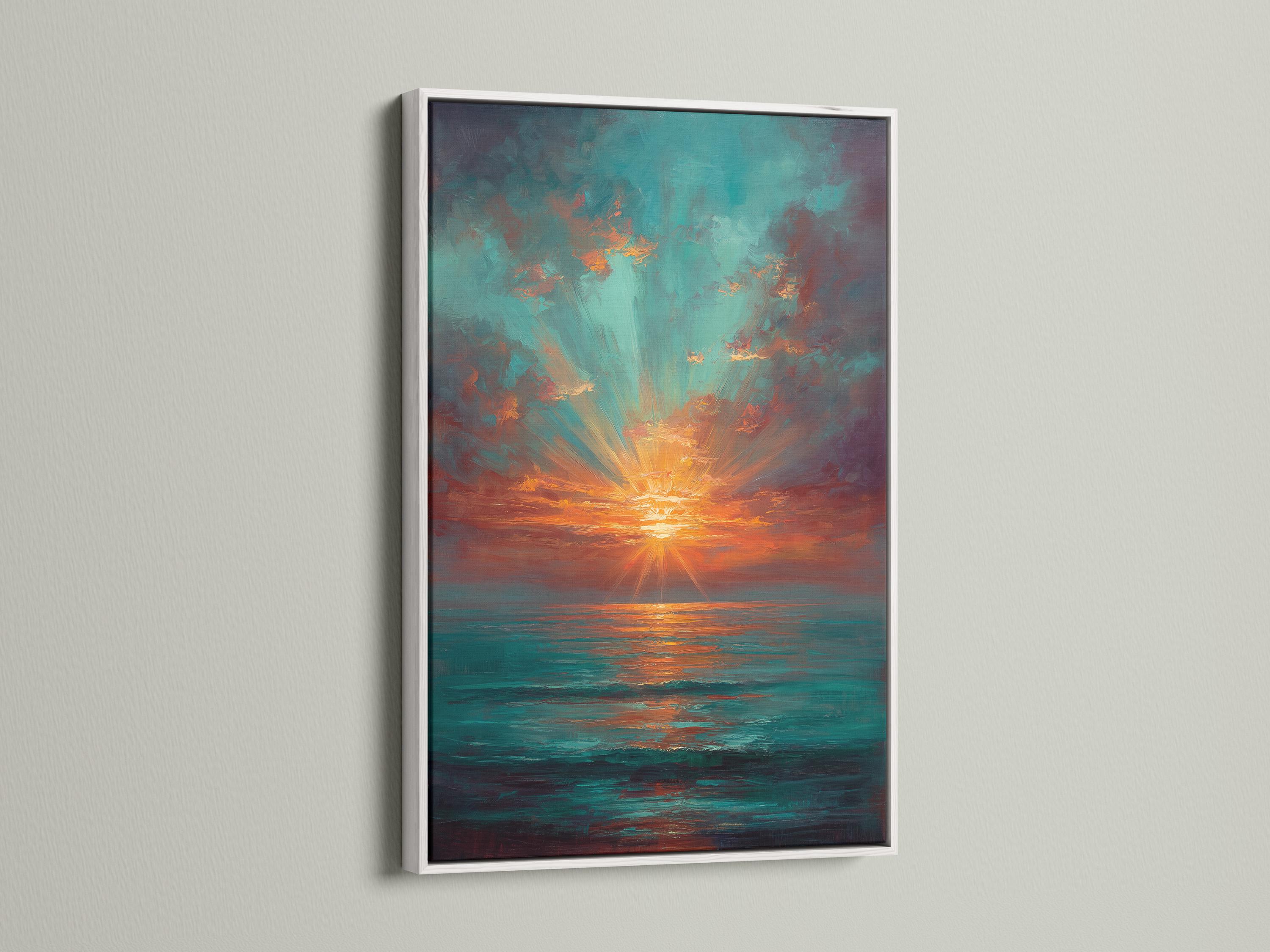 Room mockup with a sofa and a framed teal and copper sunset seascape artwork on the wall
