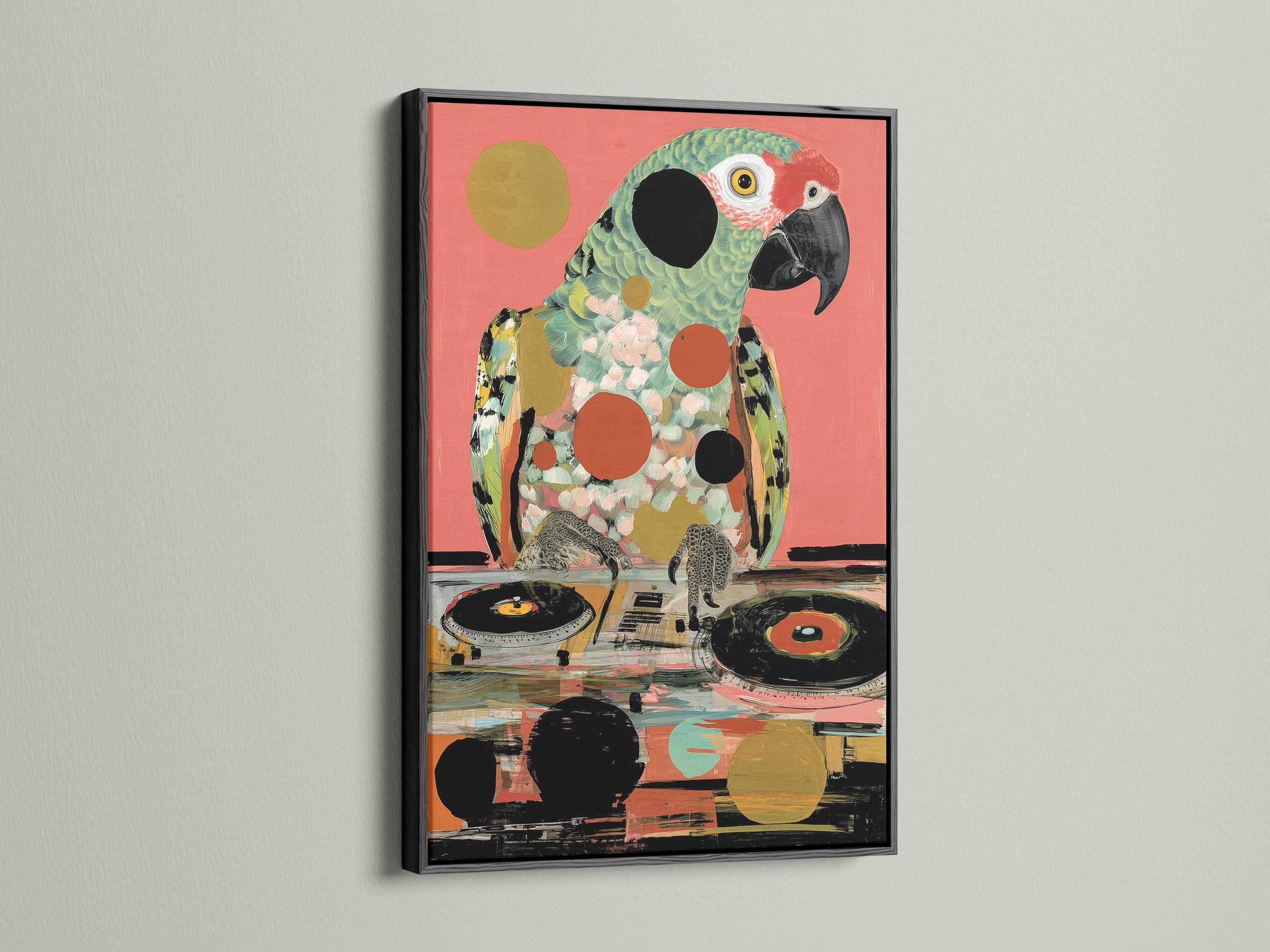 Stylised parrot portrait in hot pink with teal feathers and retro record shapes detail view