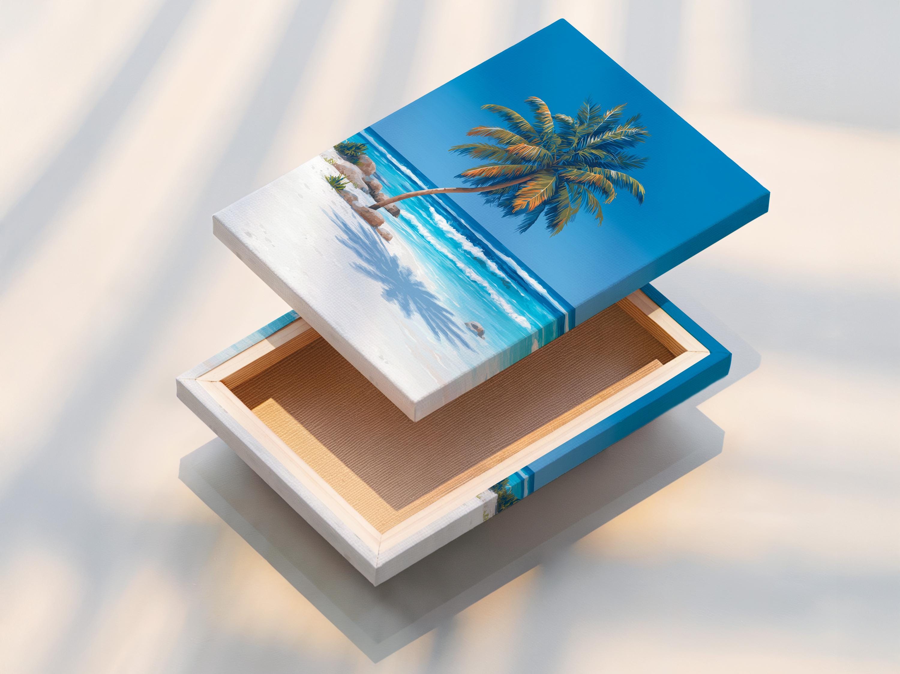 Tropical beach scene with a palm tree, turquoise ocean waves, and a blue sky detail view
