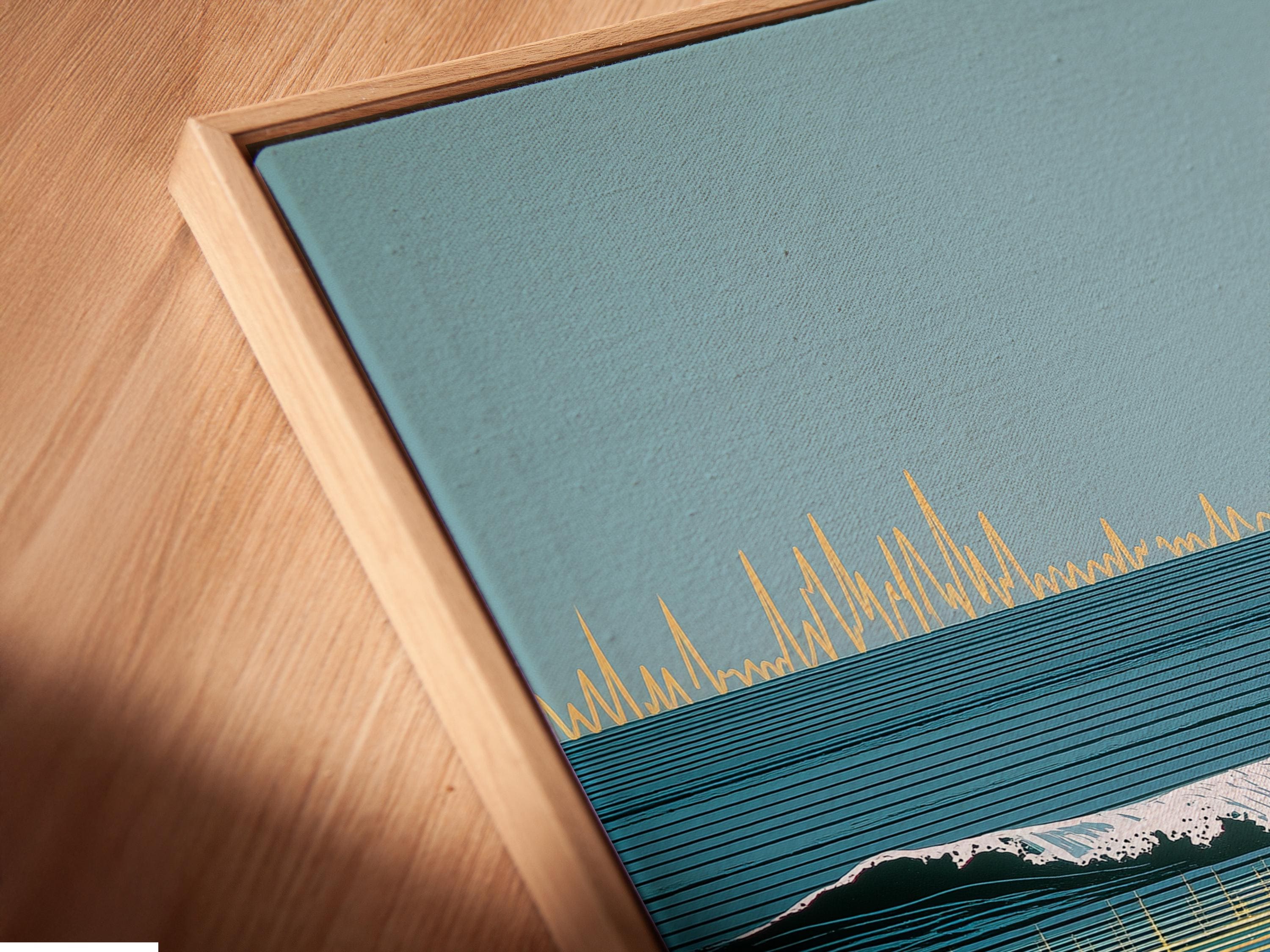 Stylised seascape with teal ocean waves, an orange sun, a beach figure, and a dark animal silhouette detail view