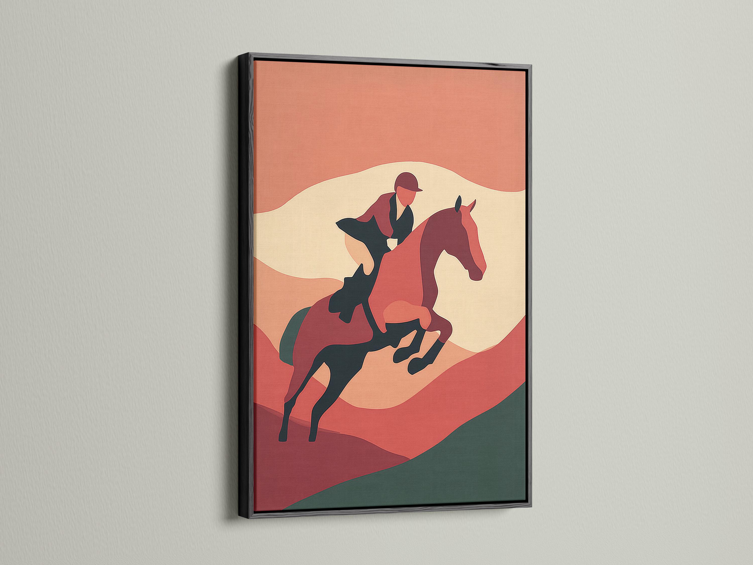 Room mockup showing framed horse and rider artwork in terracotta tones