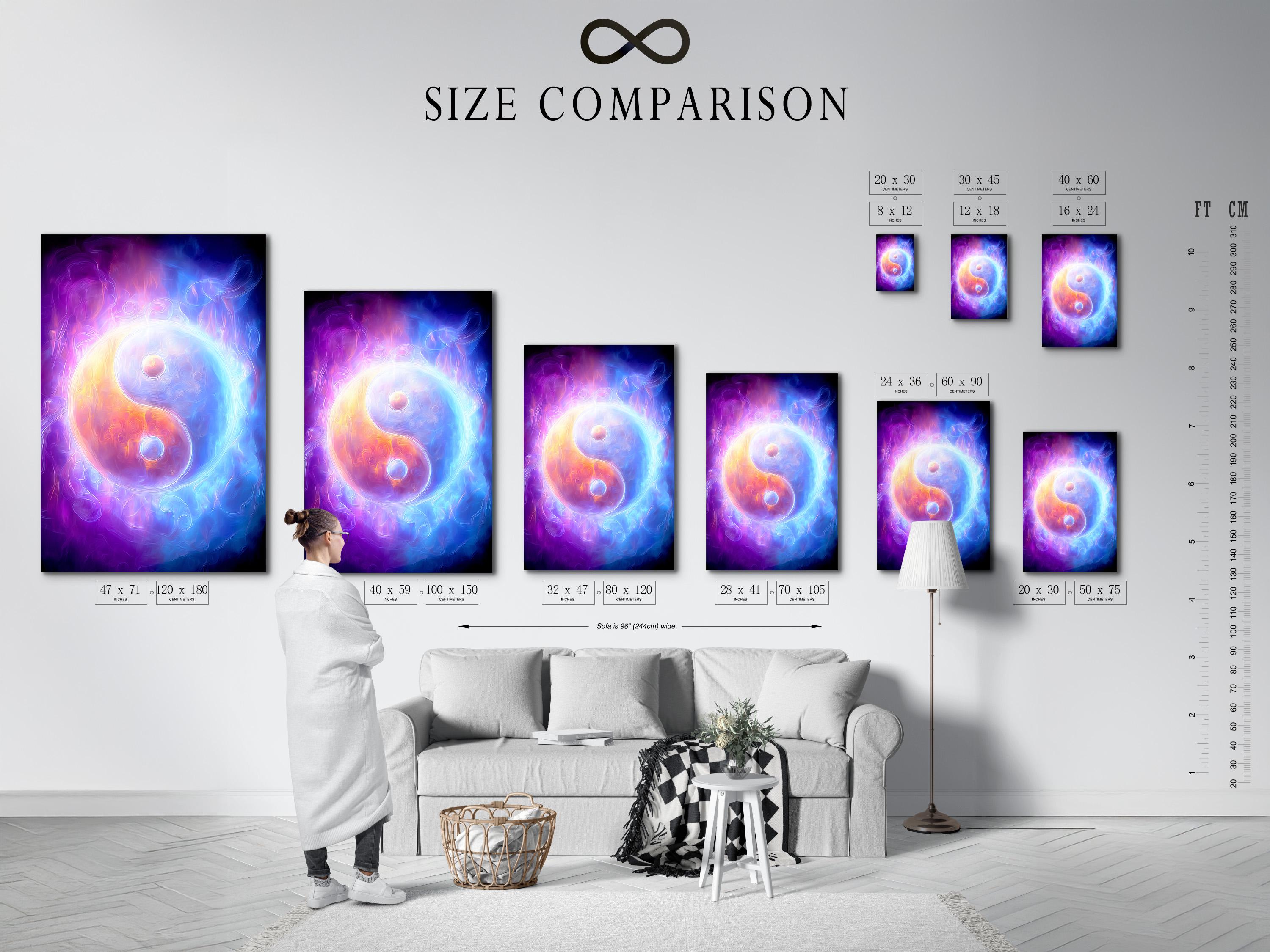 Portrait artwork of an abstract yin-yang inspired design in purple and blue shown in a room mockup