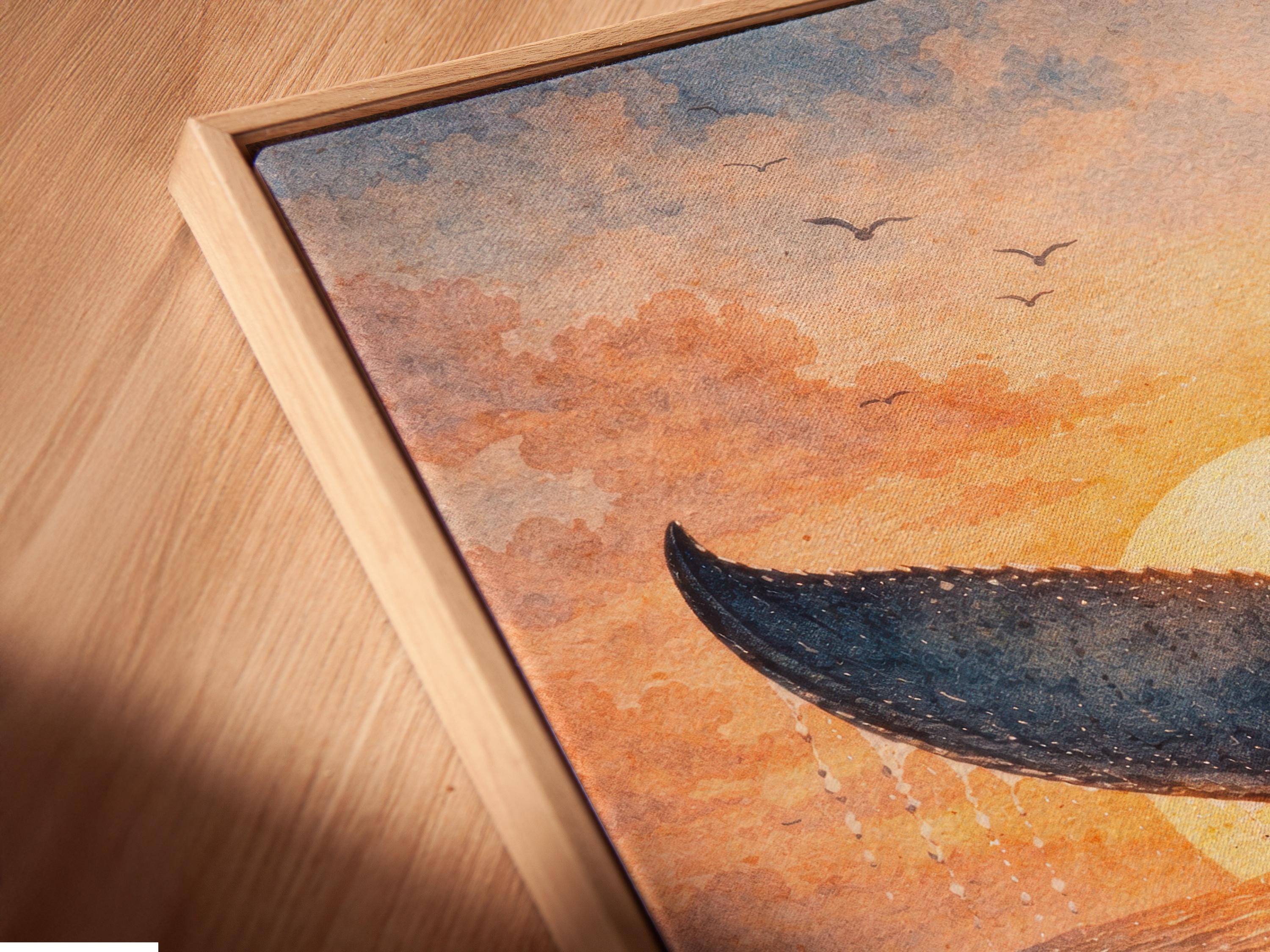 Whale tail sunset artwork hanging in a coastal cafe setting with signs and shelves
