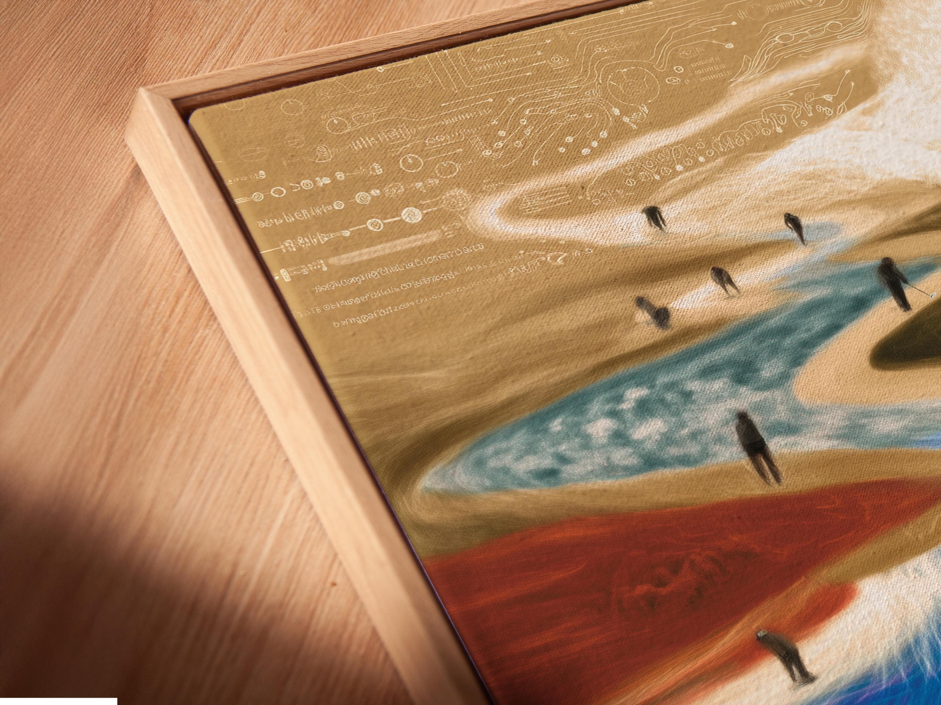 Abstract golf course scene with a bright sunburst, winding blue channel, and small golfers detail view