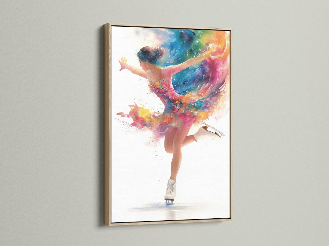 Stylised figure skater dancer with multicolour paint-splash motion over a white background detail view