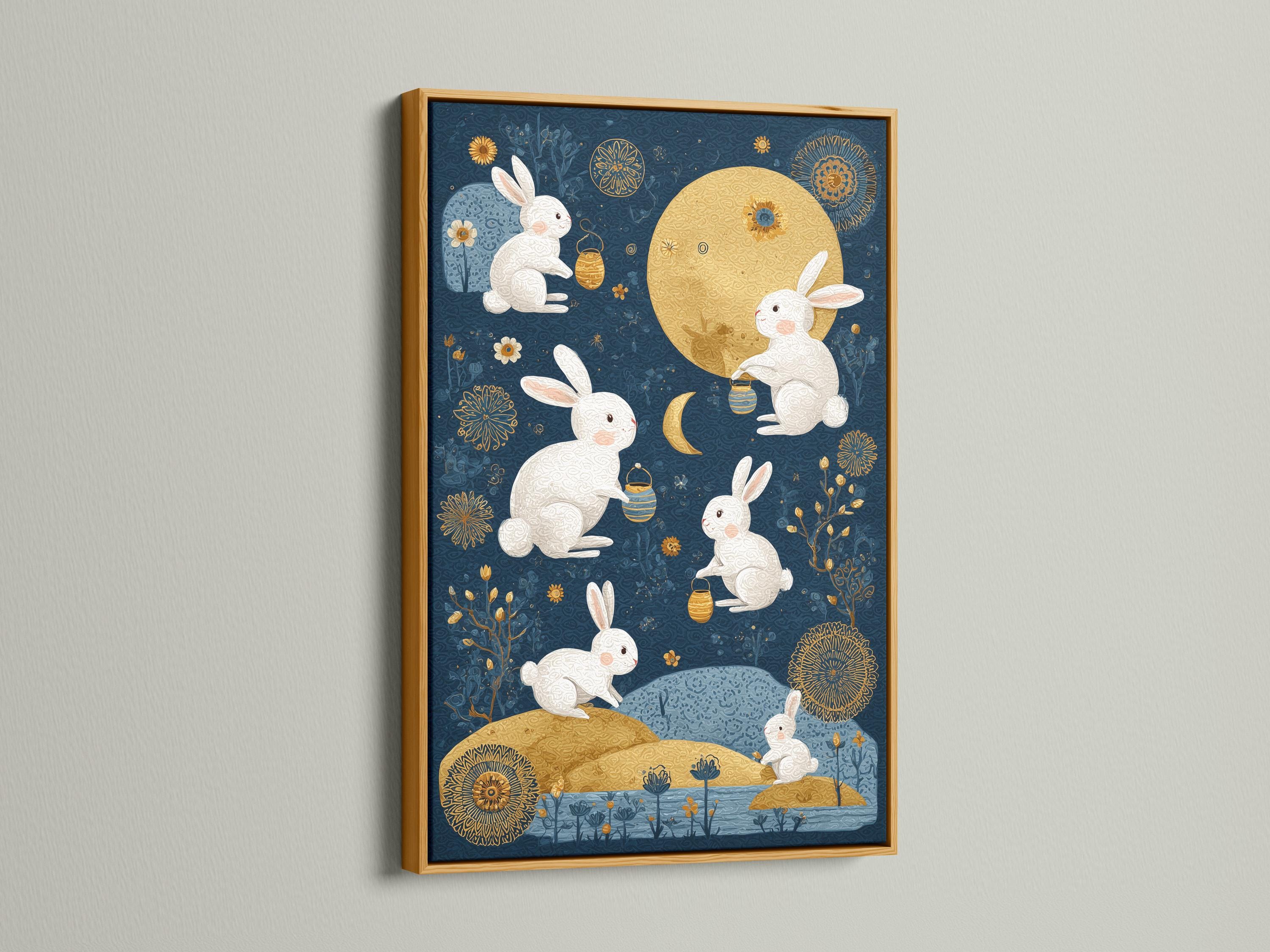 Celestial illustration of white rabbits around a gold moon on a midnight blue background detail view