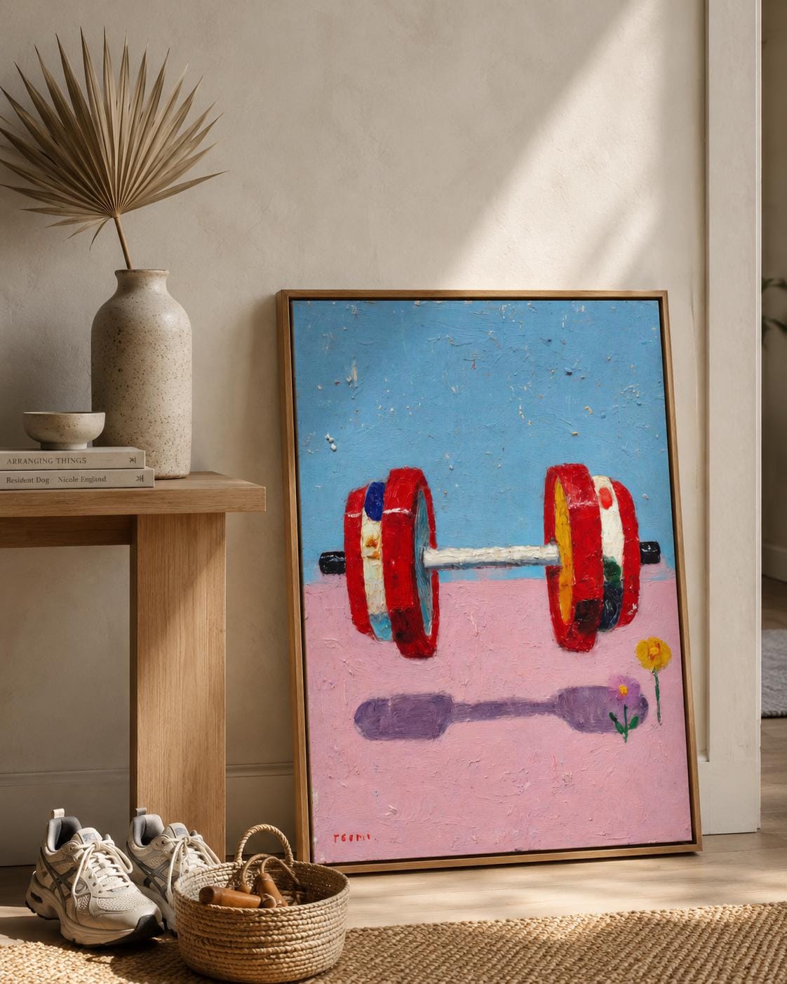 A framed abstract painting shows a brightly coloured weight barbell on a blue-and-pink background with small scattered speckles and a minimal flower