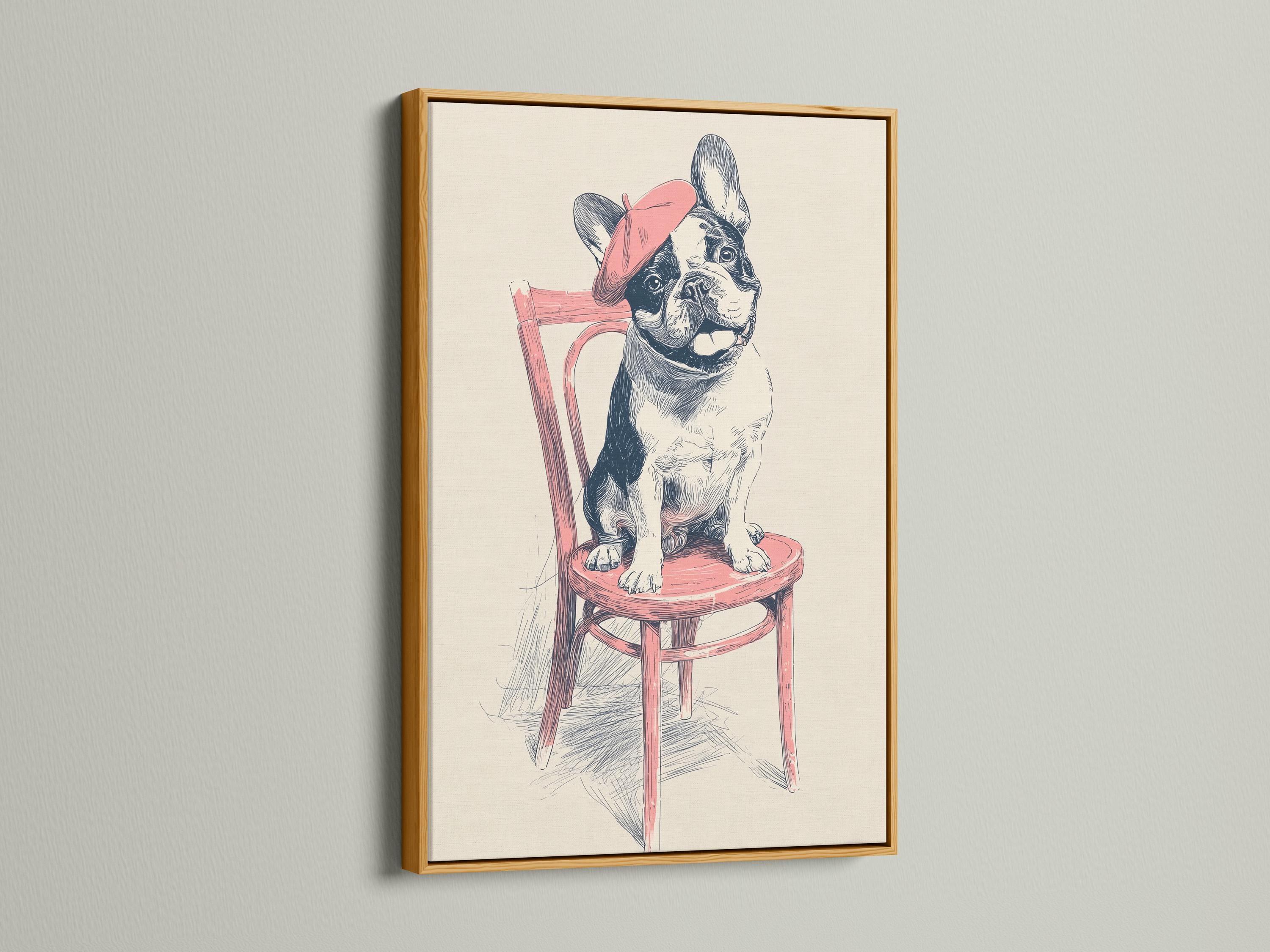 Seated dog wearing a pink beret and sitting on a pink stool, drawn with ink sketch lines detail view
