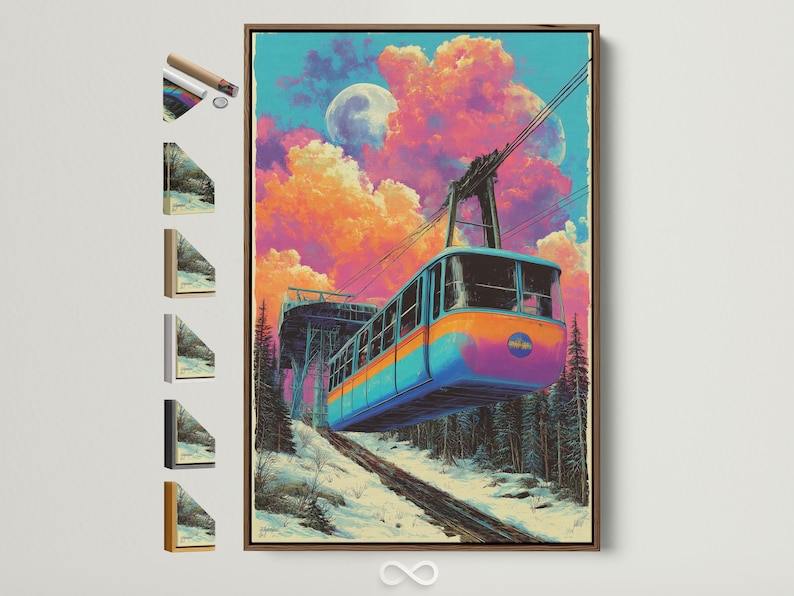 Retro stylised train on snowy tracks under a large moon and colourful night clouds
