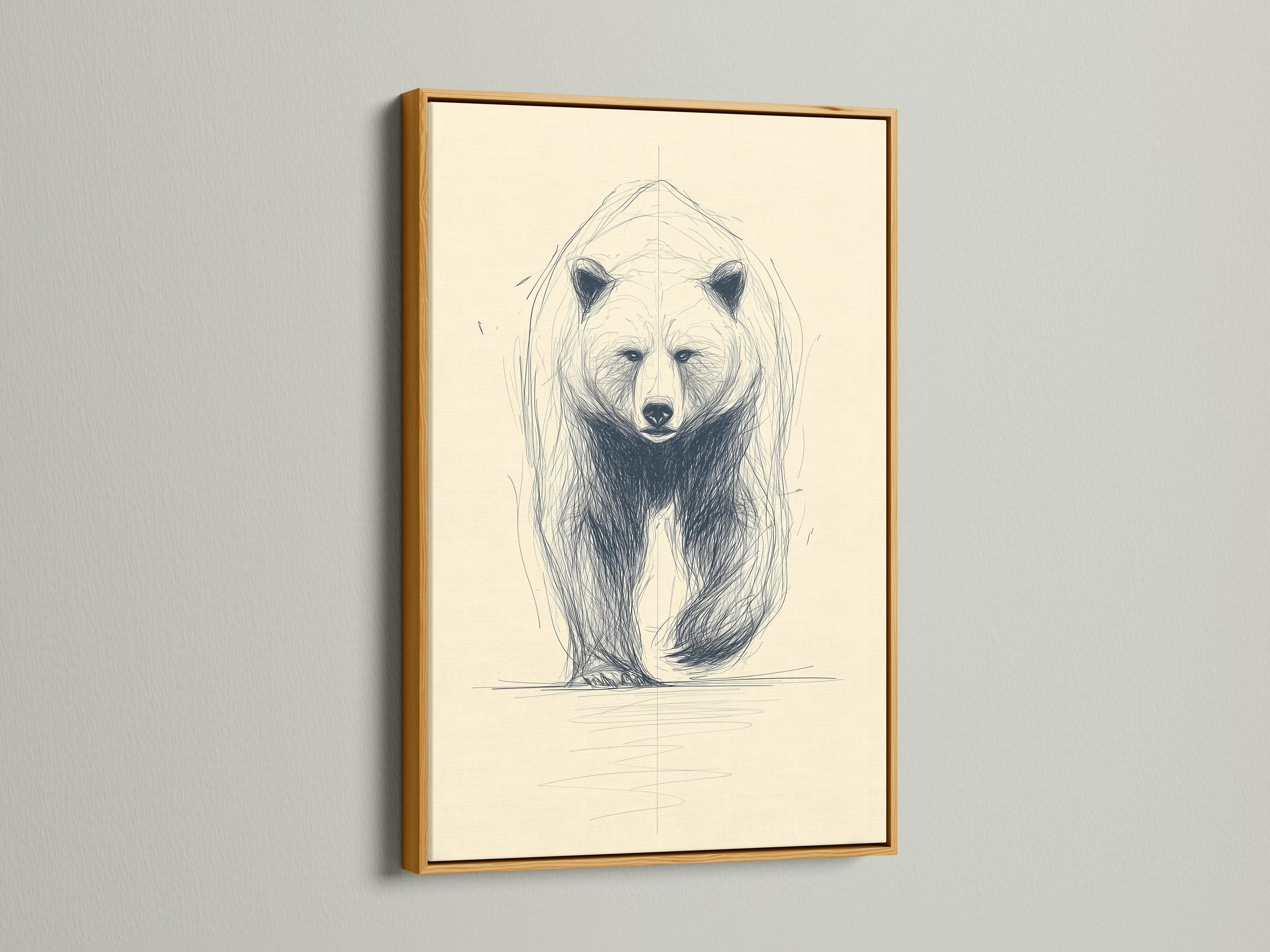 Minimalist sketch of a bear face and upper body with blue-grey lines on a cream background detail view