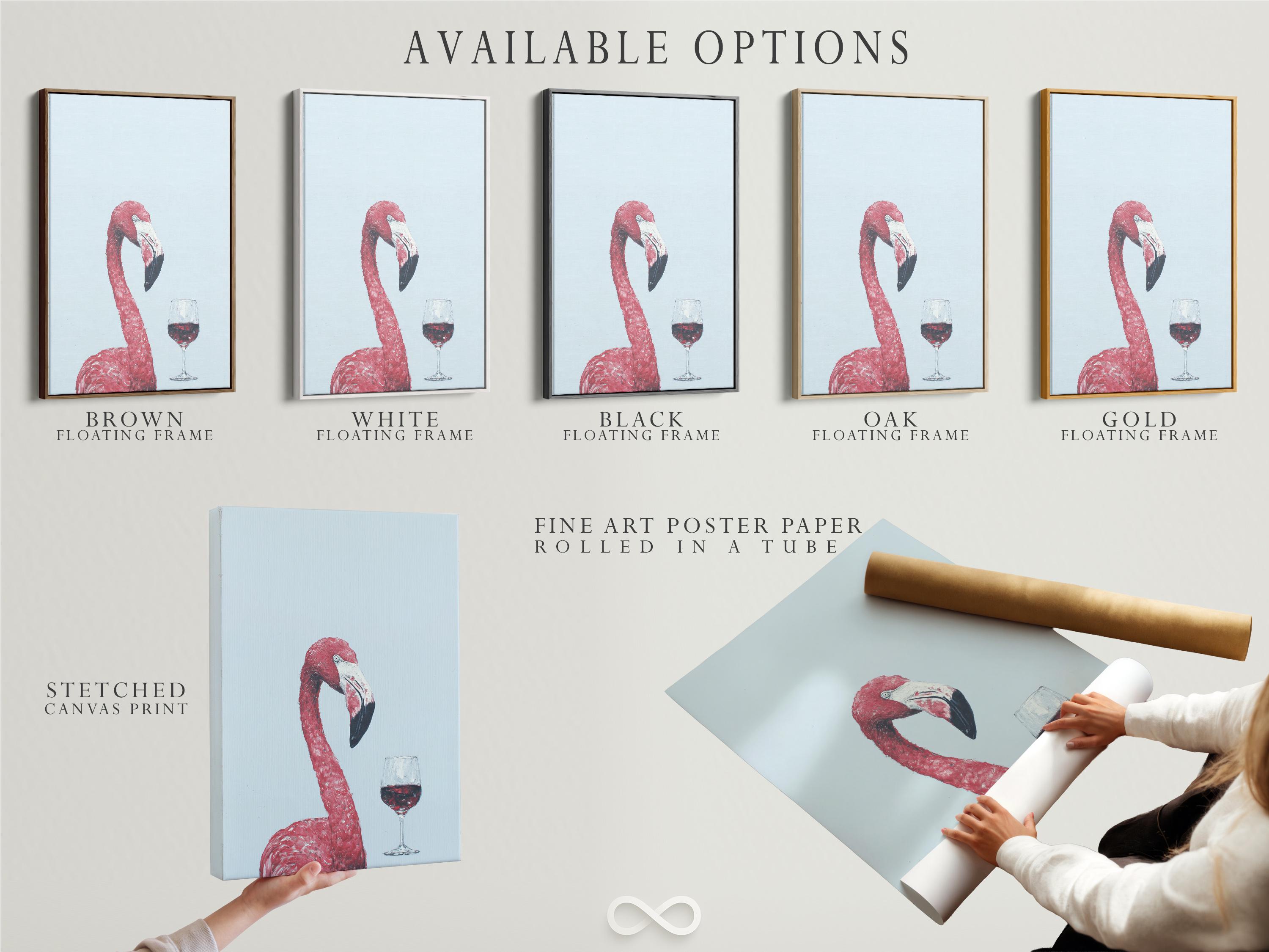 A pink flamingo is painted against a pale blue background, balancing a glass of red wine, with painterly speckled texture and soft contrast detail
