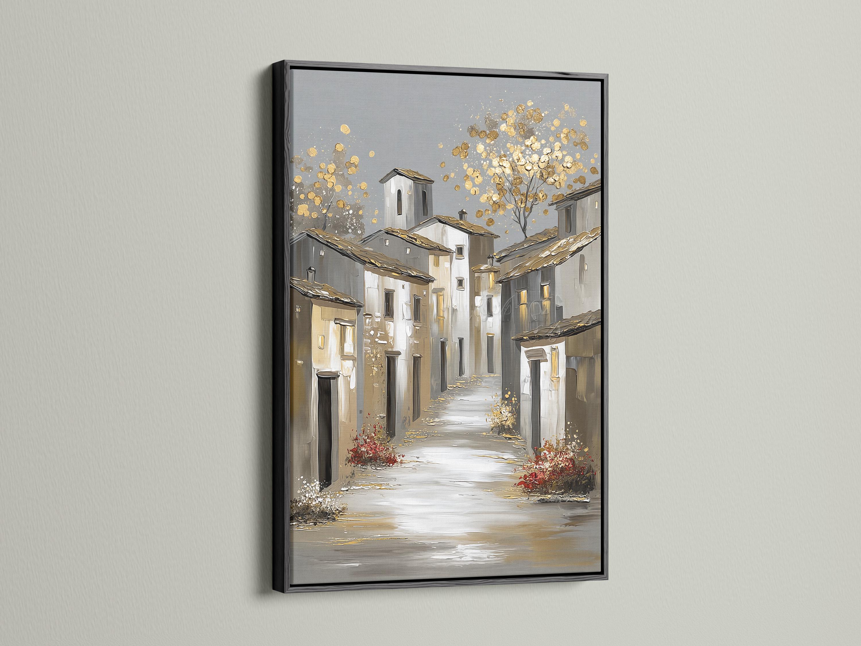 Gold sparkle European village street illustration with white buildings and grey roofs detail view