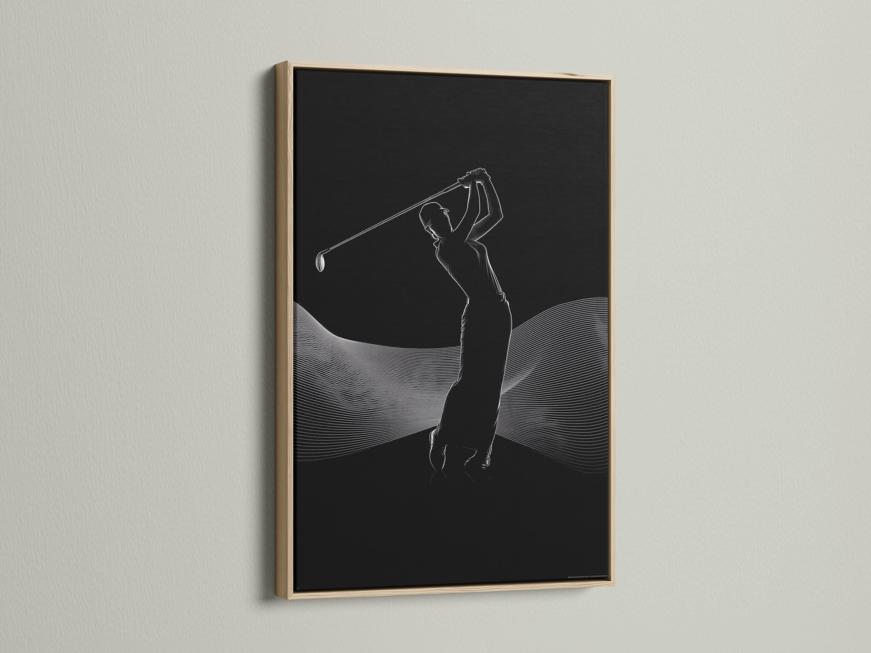 Black and white line art of a golfer silhouette mid-swing with curved contour lines detail view