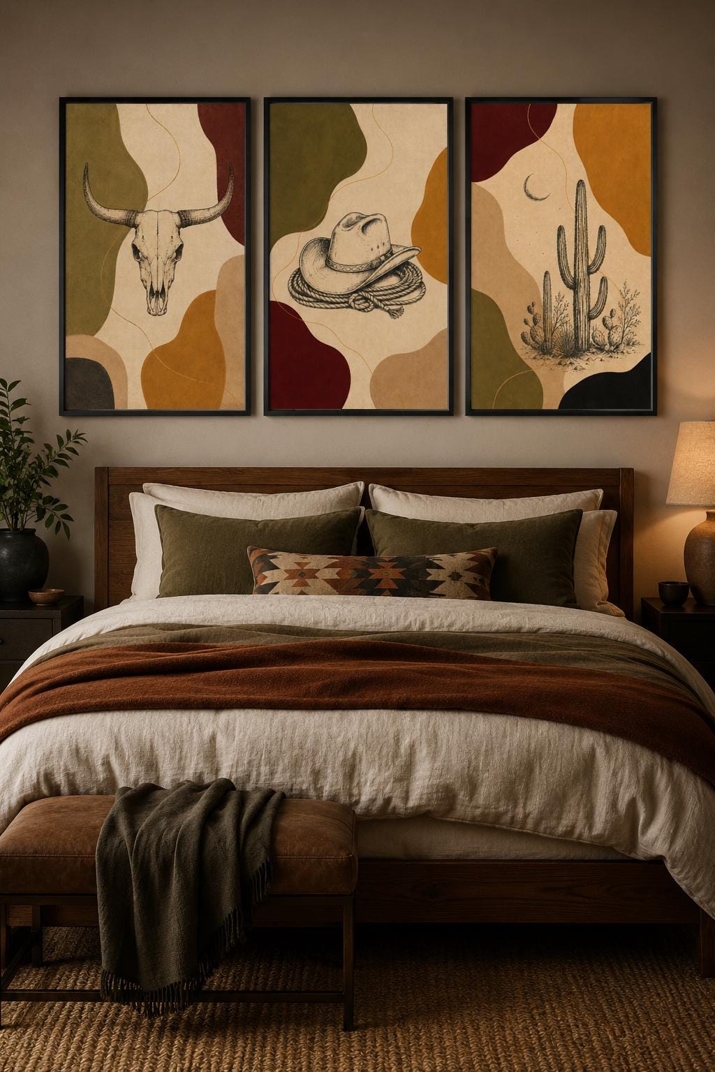Western wall art set of three panels displayed above a wooden sideboard with decorative vases
