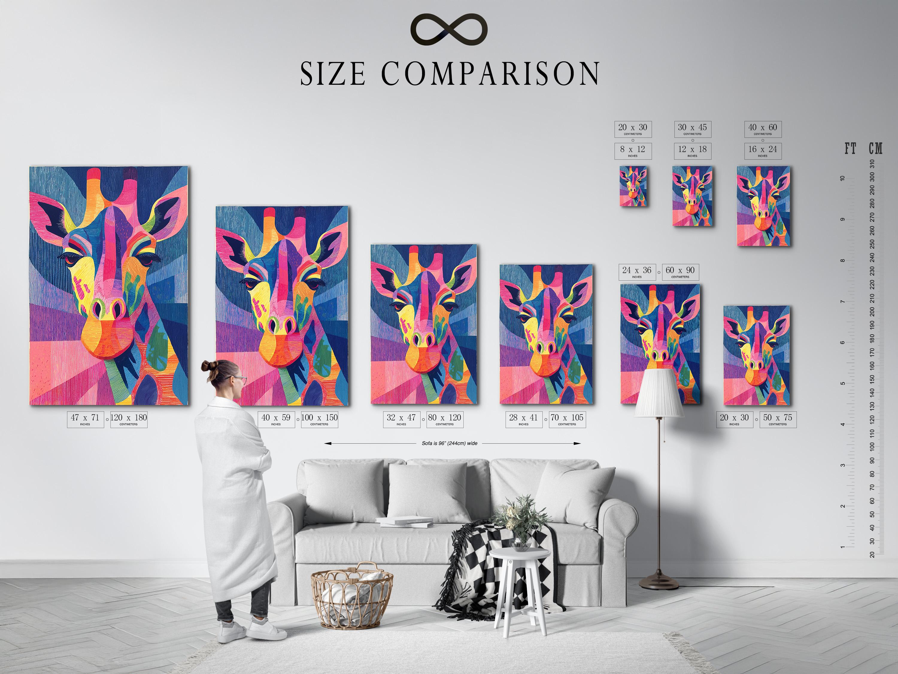 Stylised rainbow giraffe portrait with textured blue, pink and purple geometric background detail view