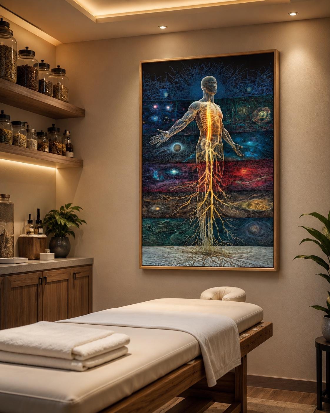Woman standing beside a framed artwork showing a glowing energy human figure in blue, teal and red