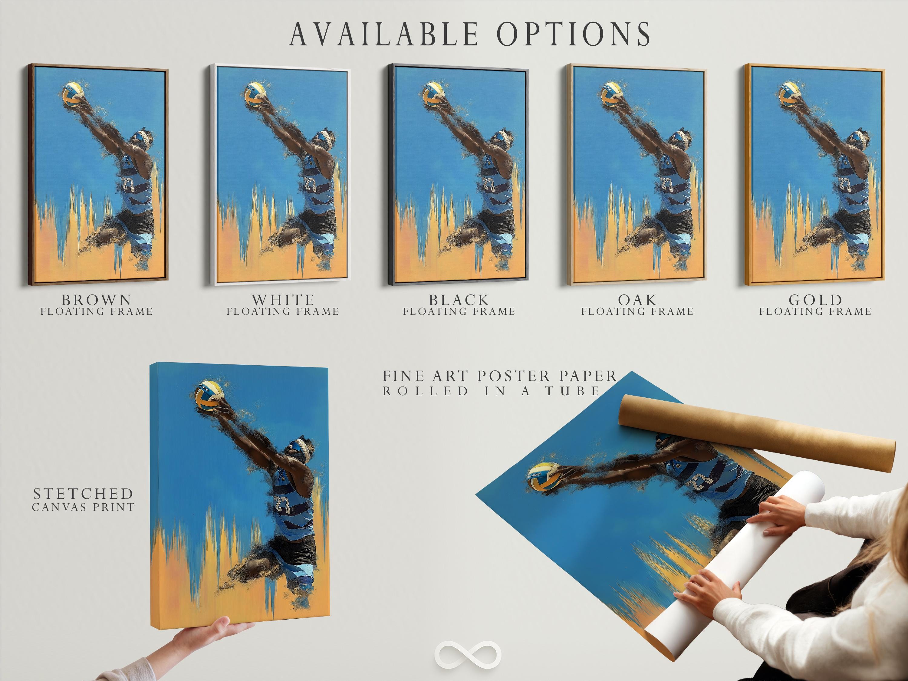 Blue and gold volleyball player action illustration with a visible number 23 detail view