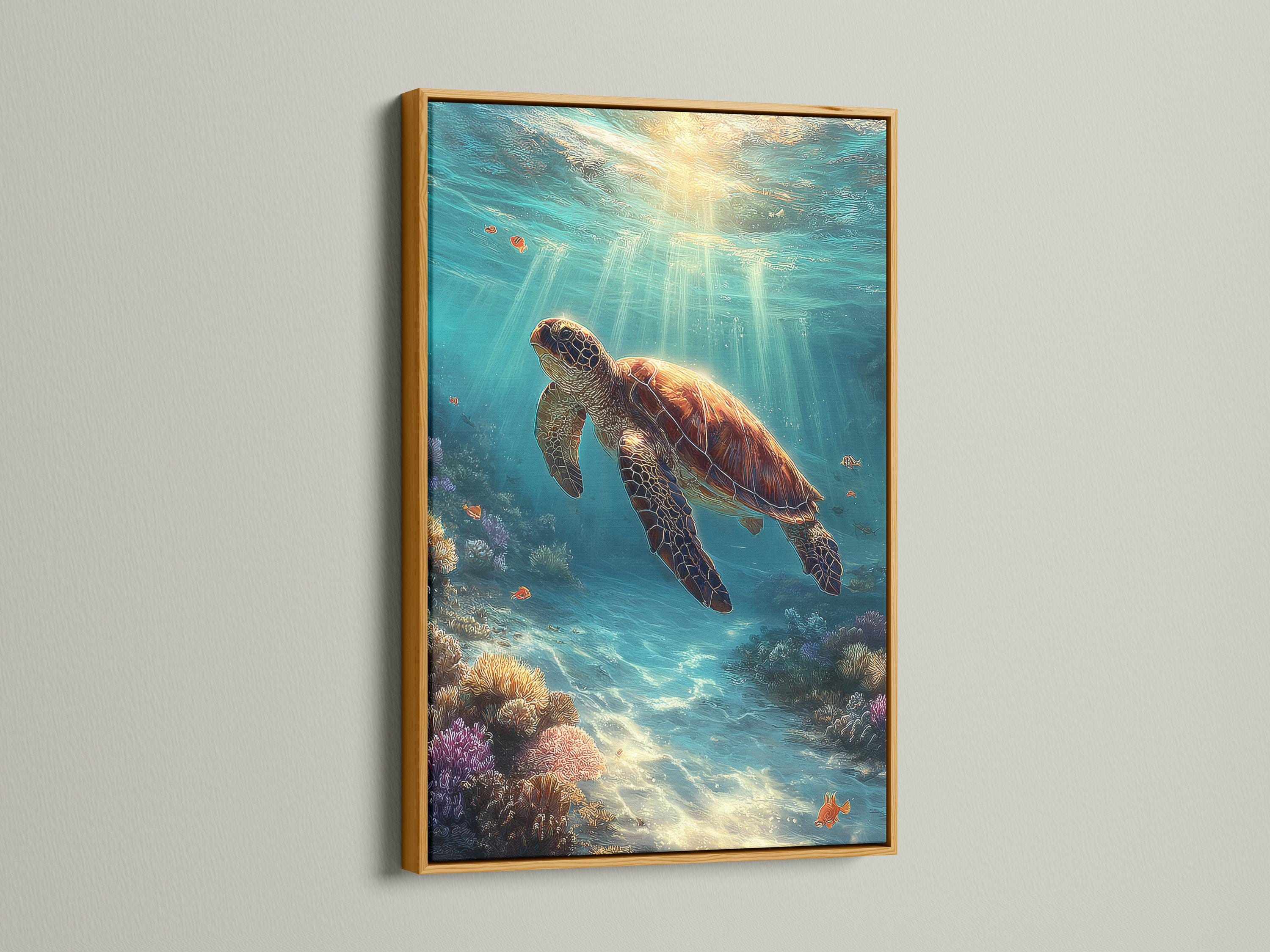 Underwater ocean scene with a swimming sea turtle and coral reef below detail view