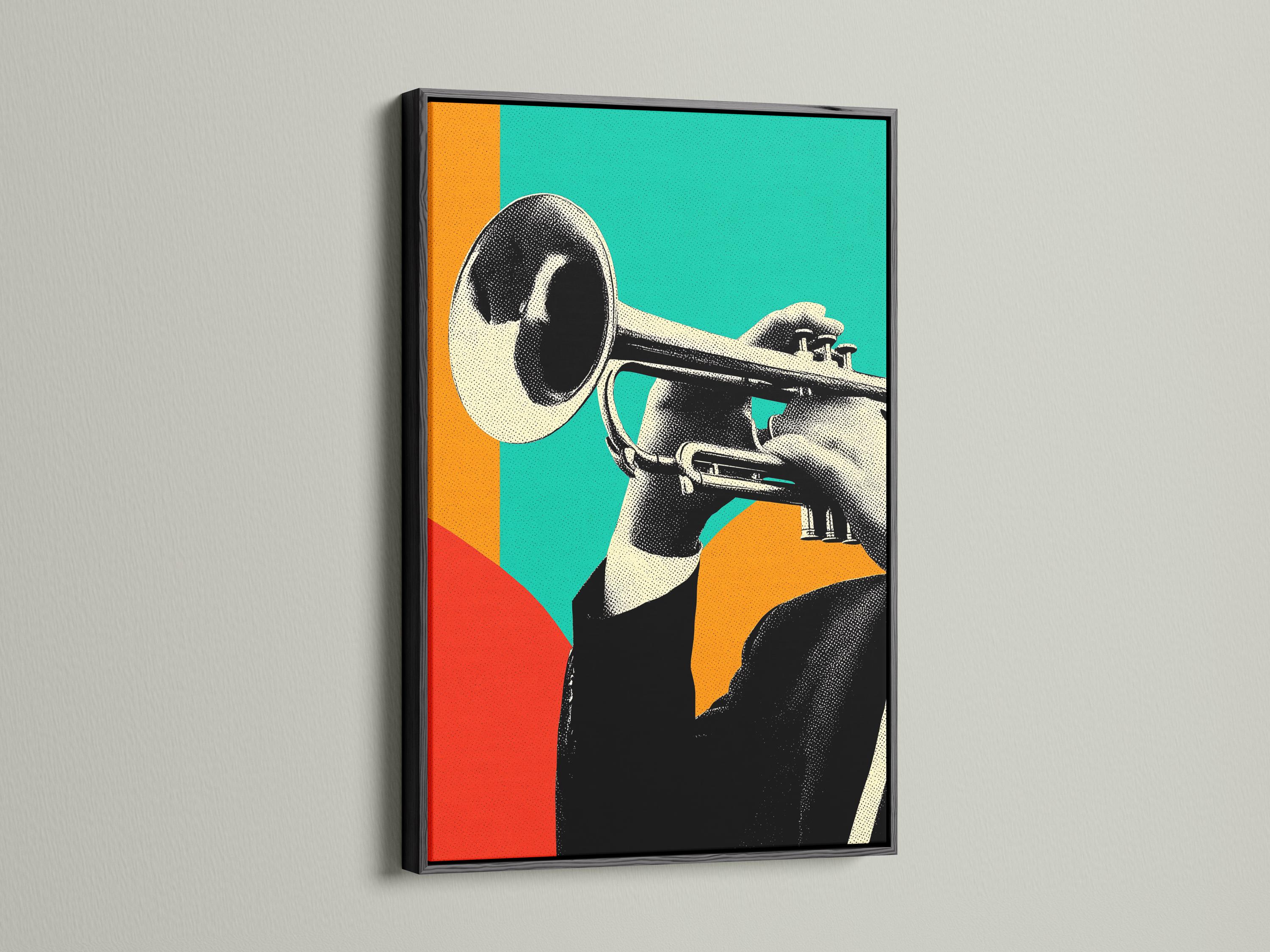 A retro-style illustration of a jazz trumpet player is shown in bold teal, orange and red blocks with strong black-and-white detailing detail view