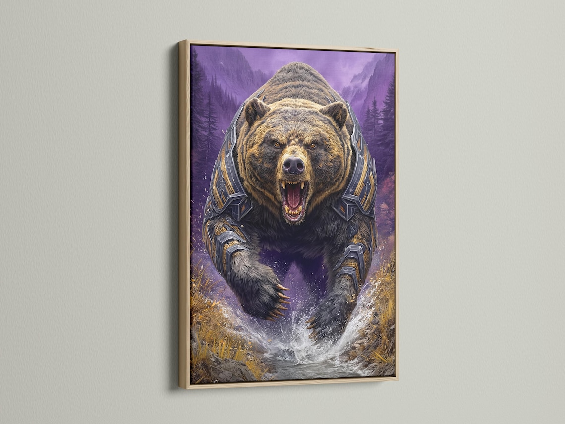 Roaring armoured bear in a purple mountain fantasy scene with gold accents and a white splash detail view