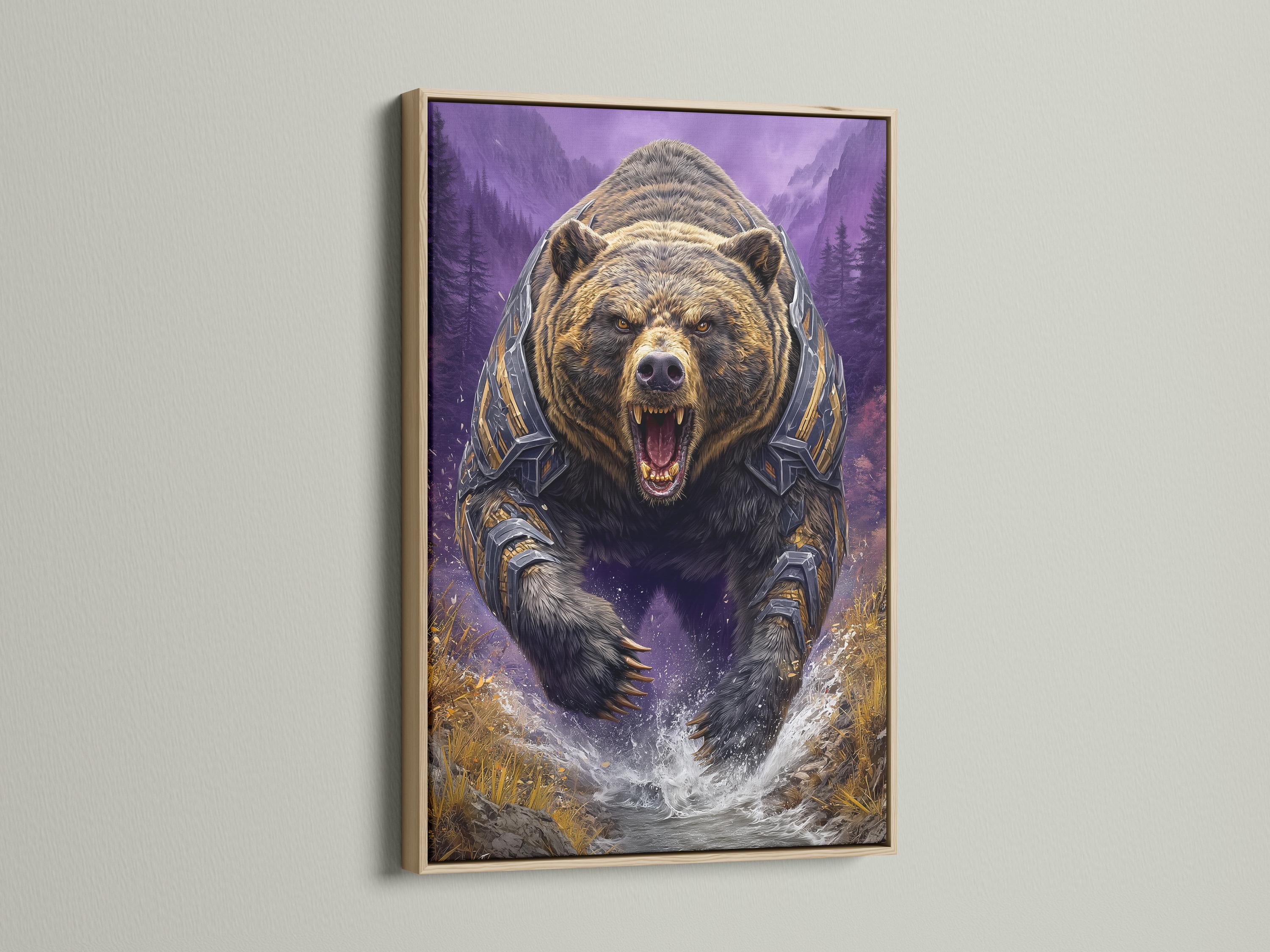 Roaring armoured bear in a purple mountain fantasy scene with gold accents and a white splash detail view