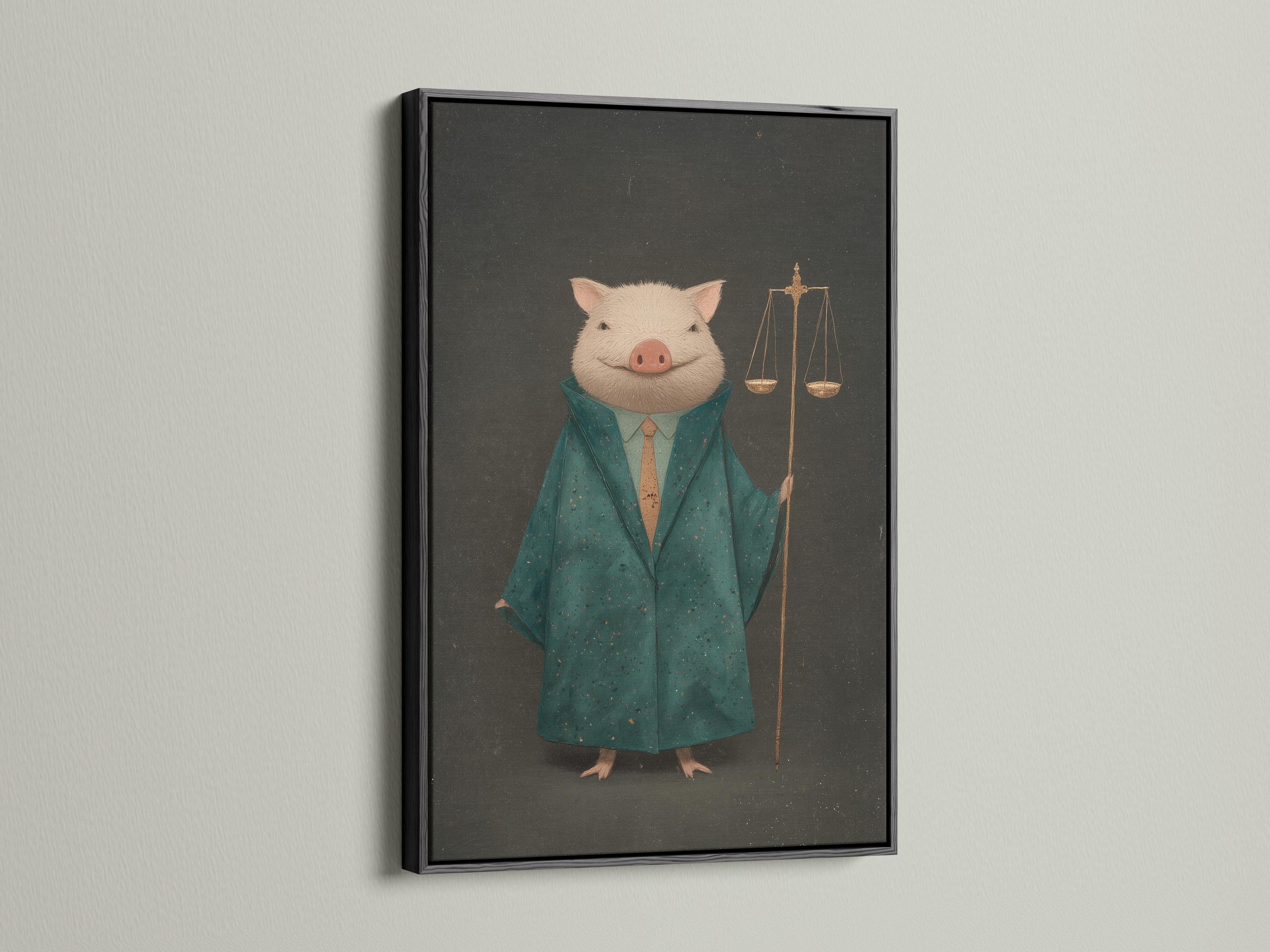 A pig in a teal suit with hanging gold scales on a dark textured background detail view