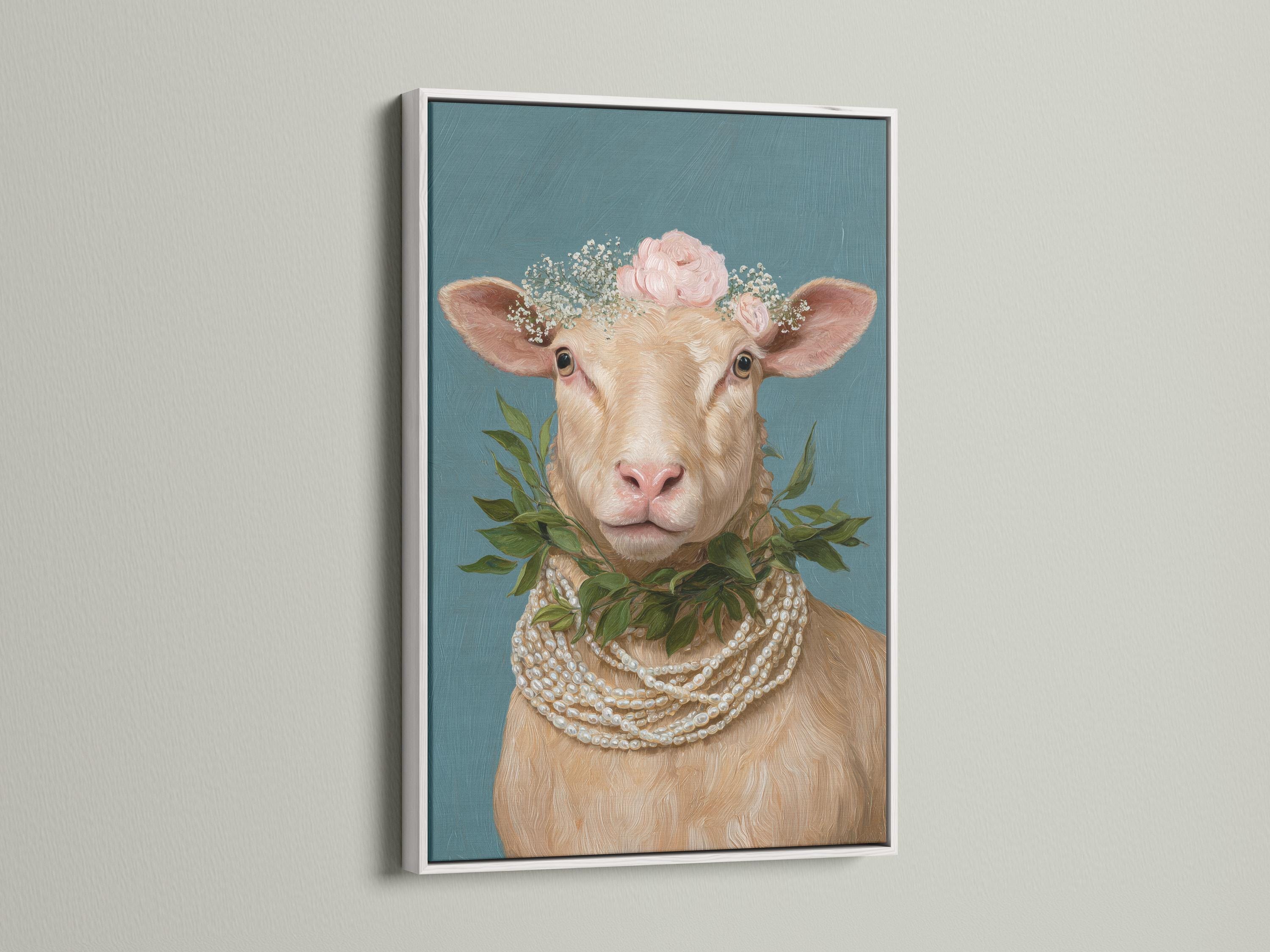 Portrait of a sheep with a pink floral crown and pearl-like necklace on a teal background detail view