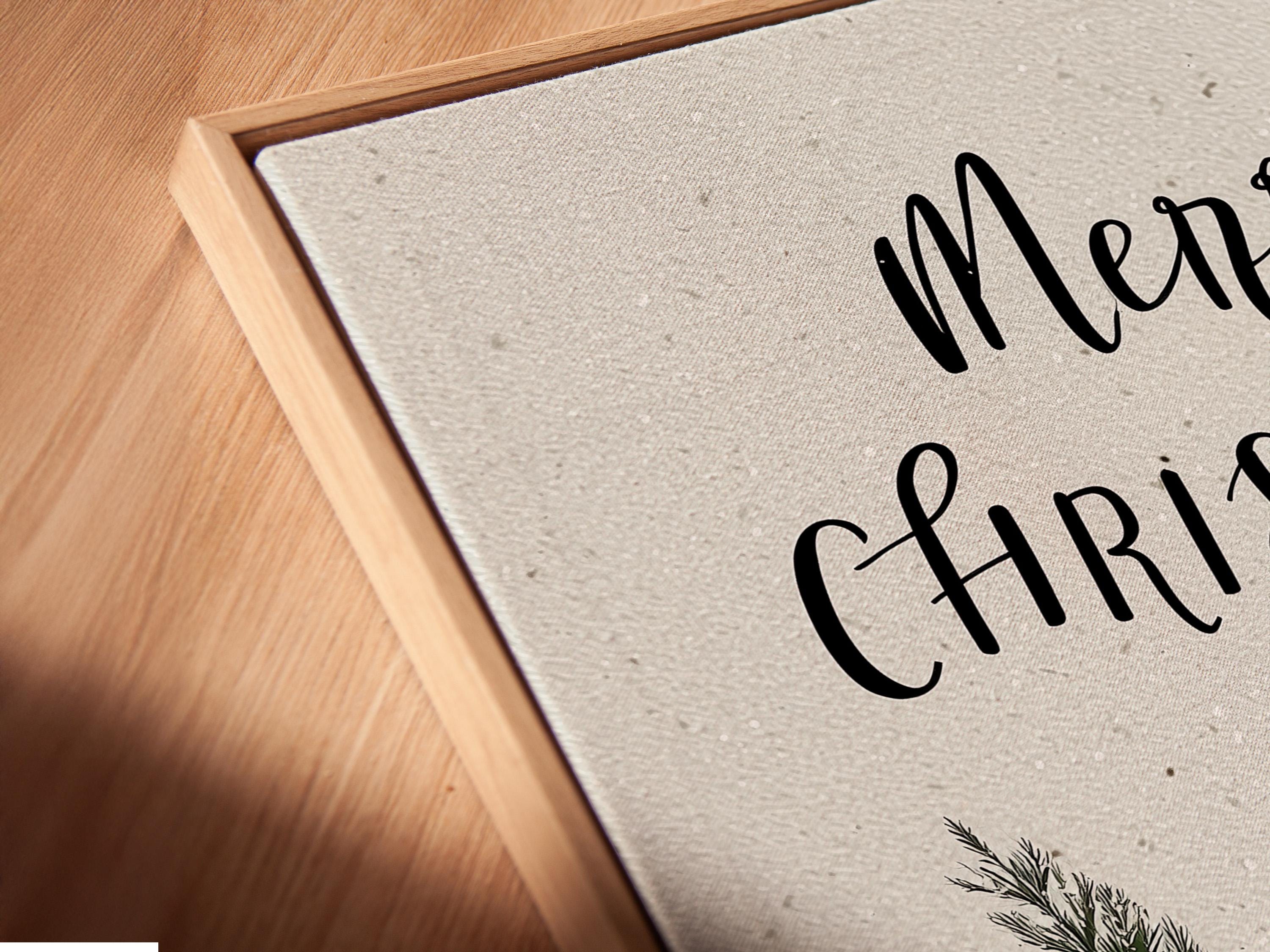 A white, snow-speckled scene shows a red vintage truck holding a Christmas tree, with handwritten-style text above it reading “Merry Christmas.”