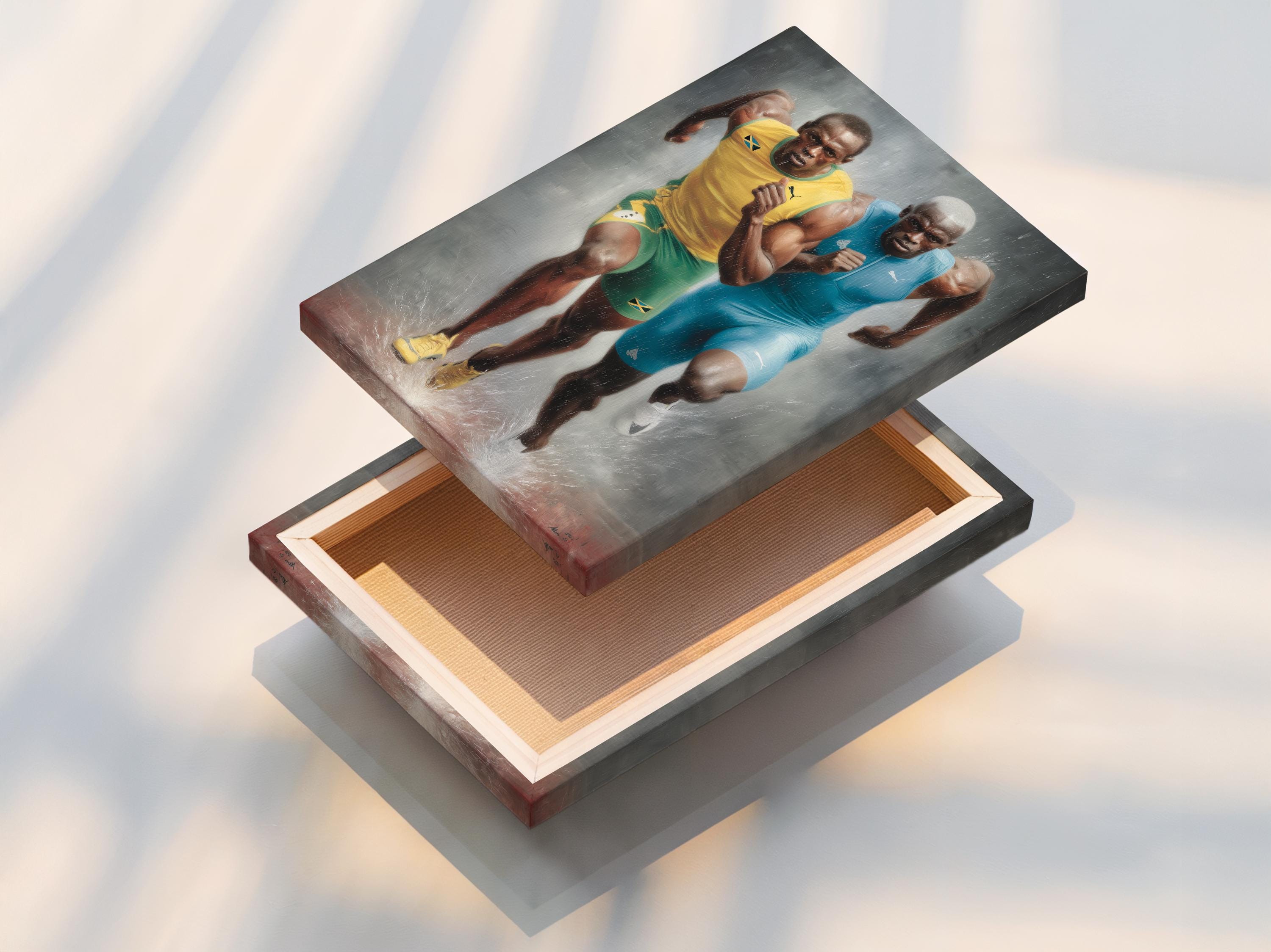 Room mockup showing a framed artwork of two sprinters in blue and yellow running toward the viewer