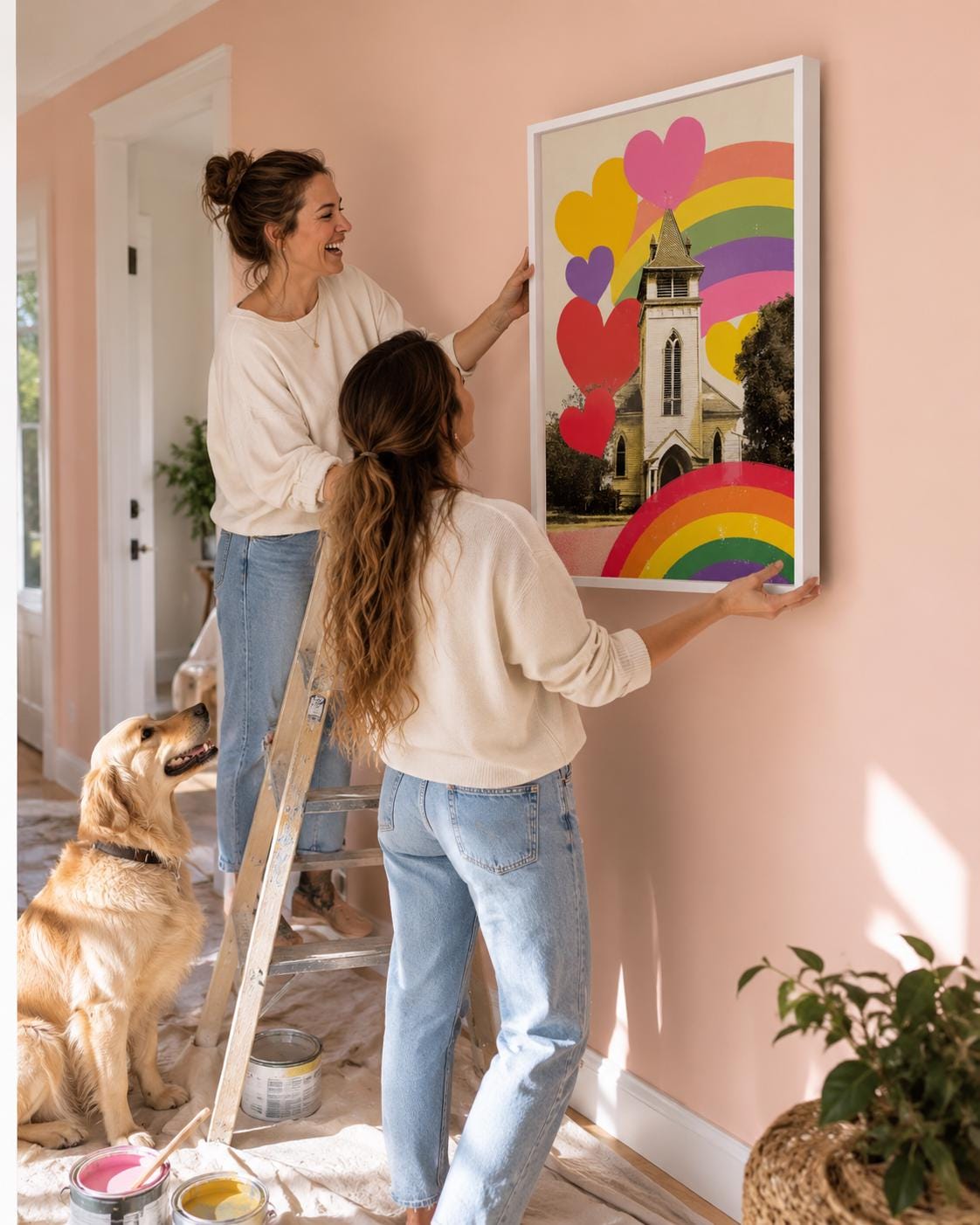 A person holding a mug sitting in a bedroom with a framed rainbow hearts church artwork on the wall