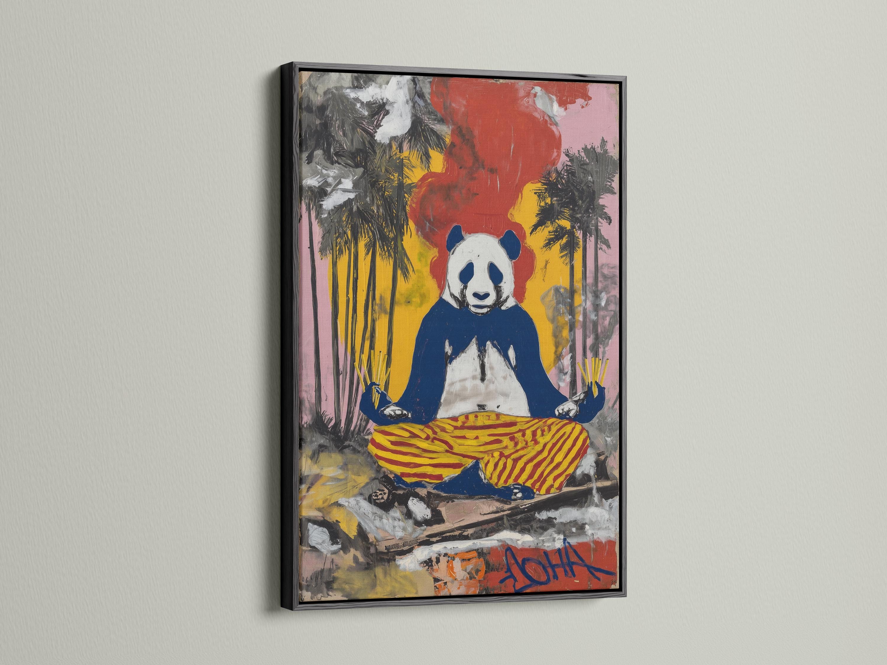 Portrait artwork featuring a seated panda with a yellow and red striped cushion and graffiti-style colours detail view