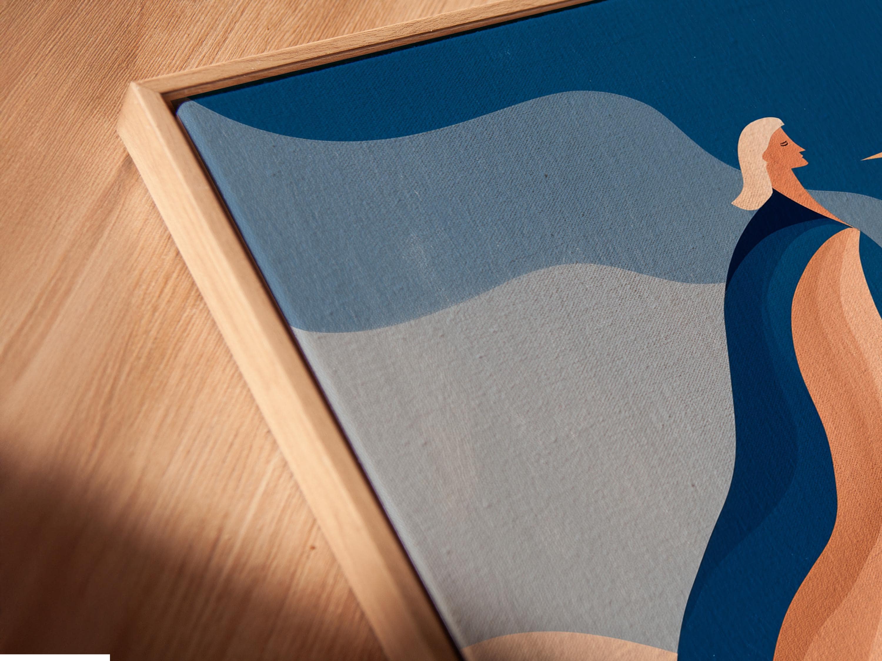 Stylised horse artwork in blue and peach with a sunburst eye motif detail view