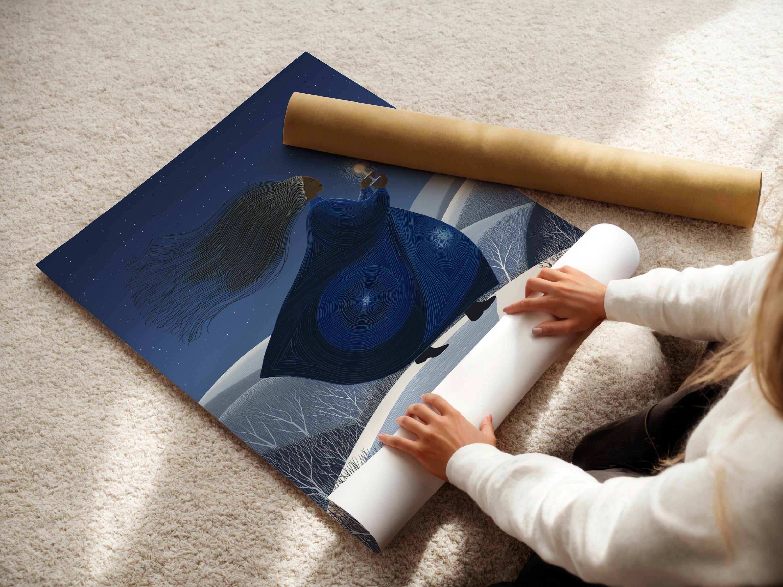 Indigo winter night artwork of a woman holding a glowing lantern above snowy hills and stars detail view