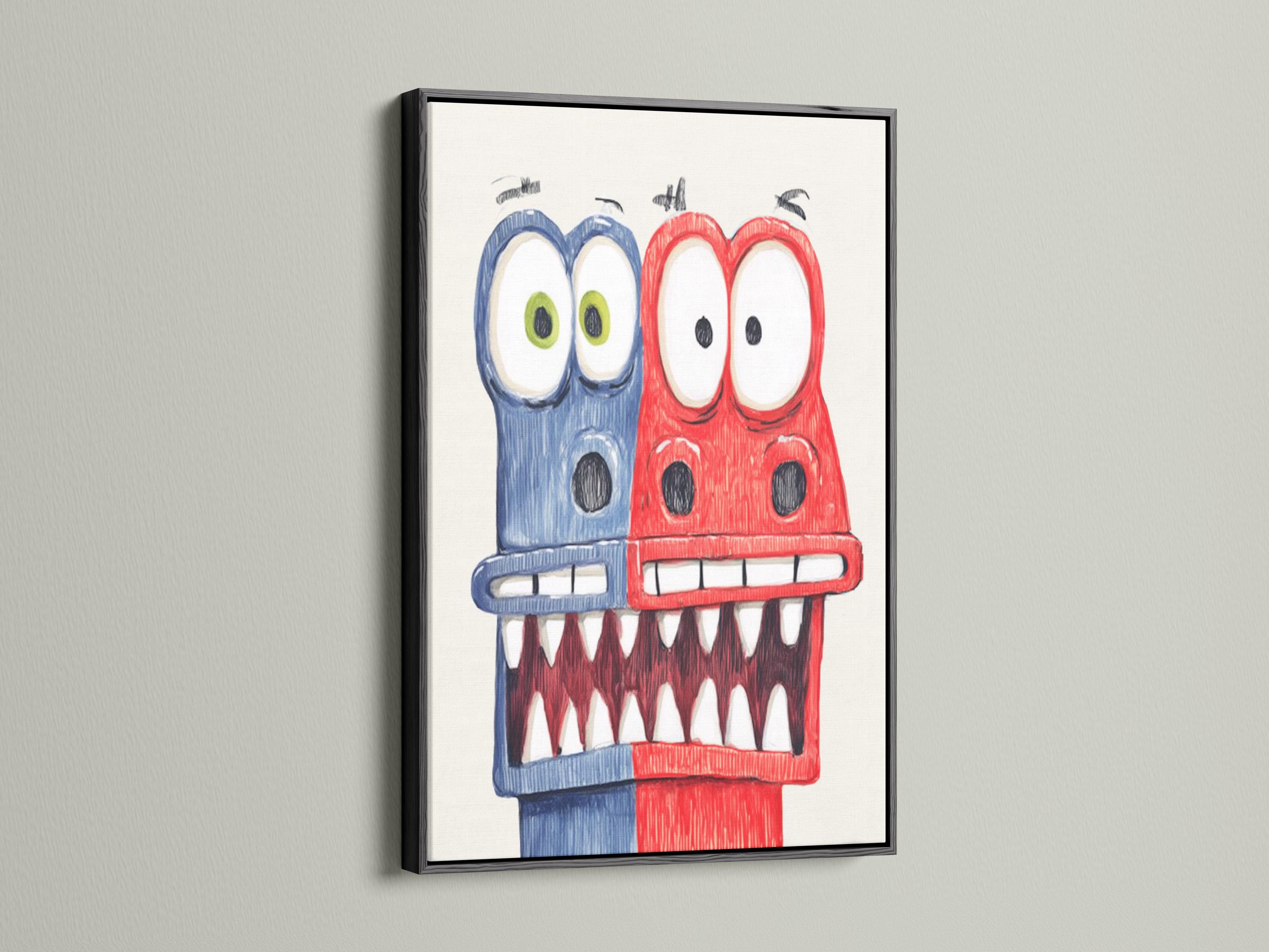Red and blue cartoon monster with big eyes and a toothy grin on a pale background detail view