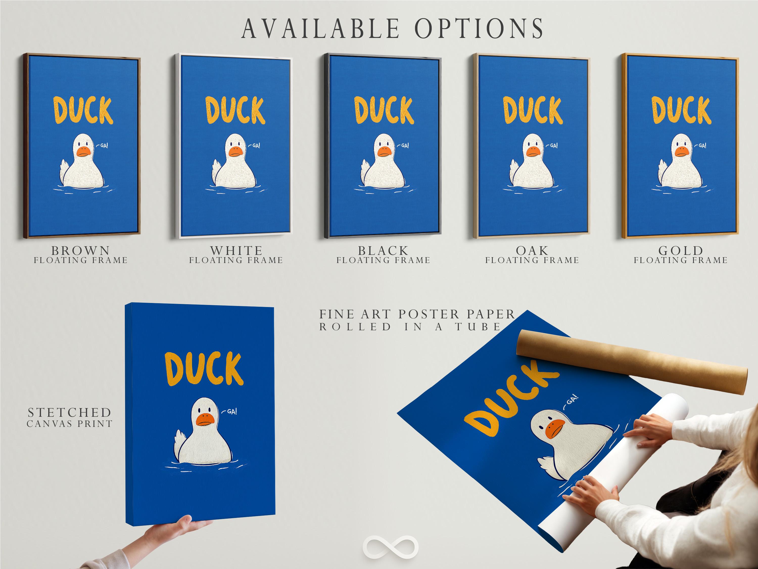 Room mockup showing blue framed duck artwork with orange “DUCK” text