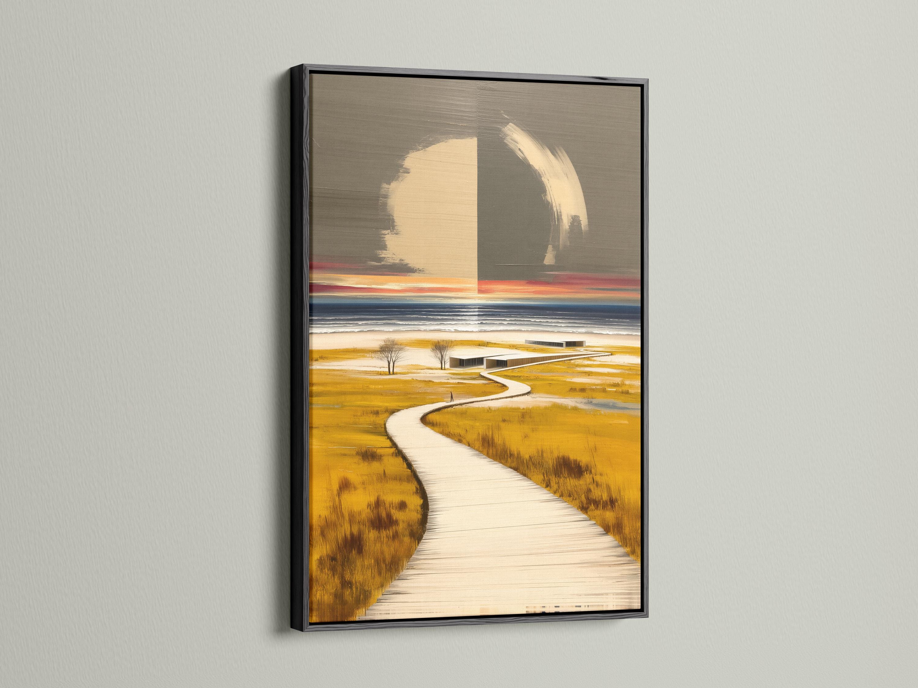 Minimalist coastal seascape showing a winding boardwalk path to the sea in beige and grey tones detail view