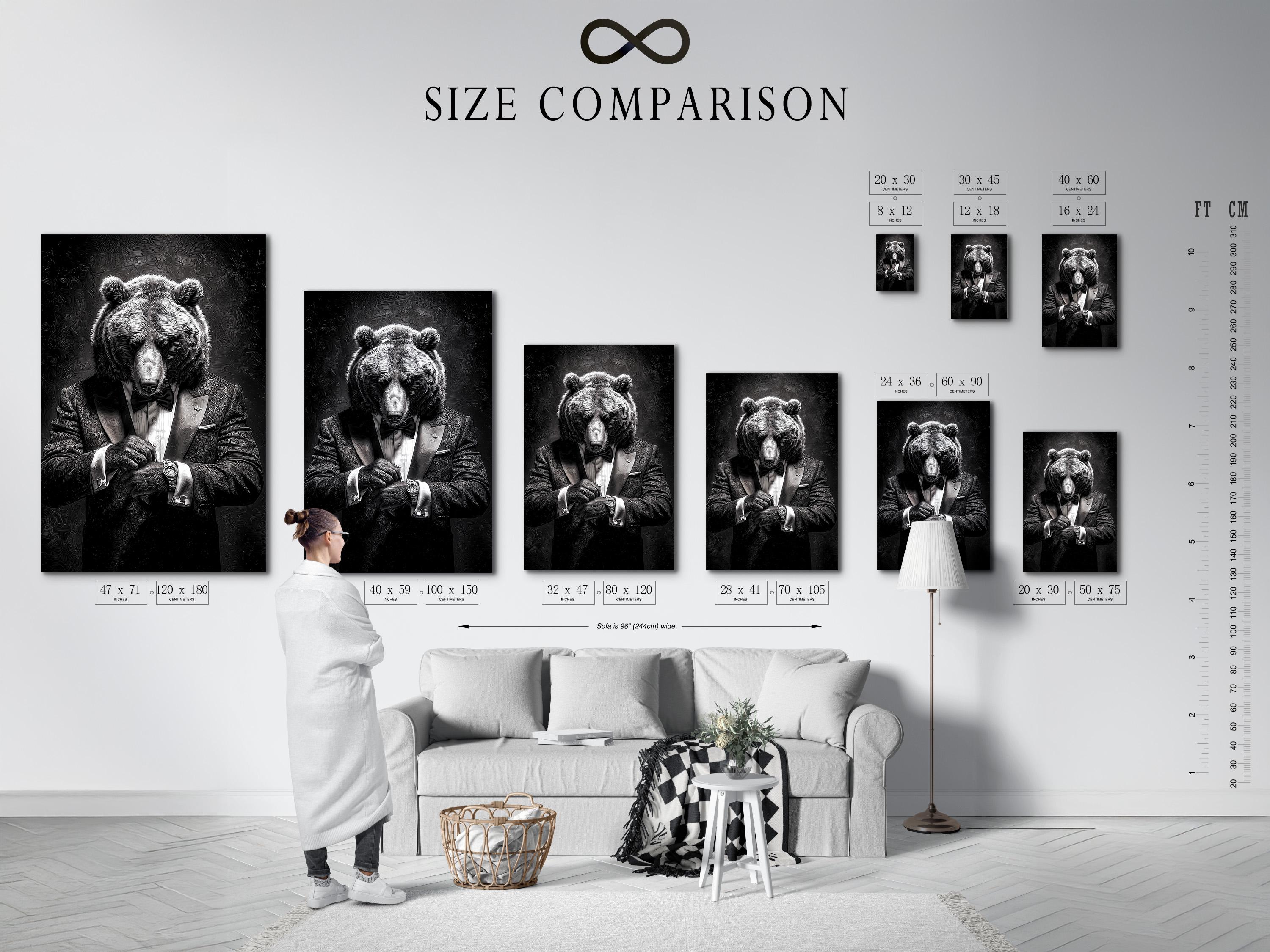 Bear portrait artwork shown in framed mockups with black, white and gold variations