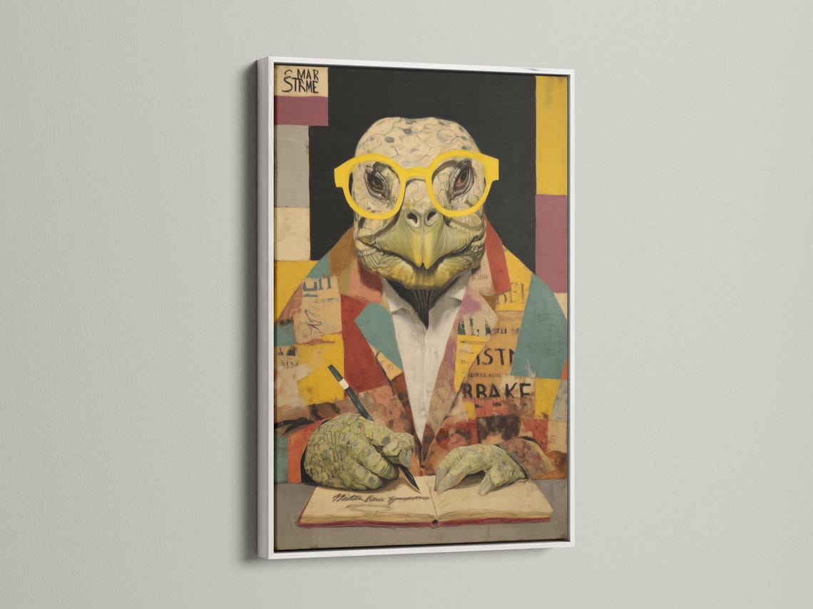Collage-style turtle wearing yellow round glasses at an open book with patchwork background detail view