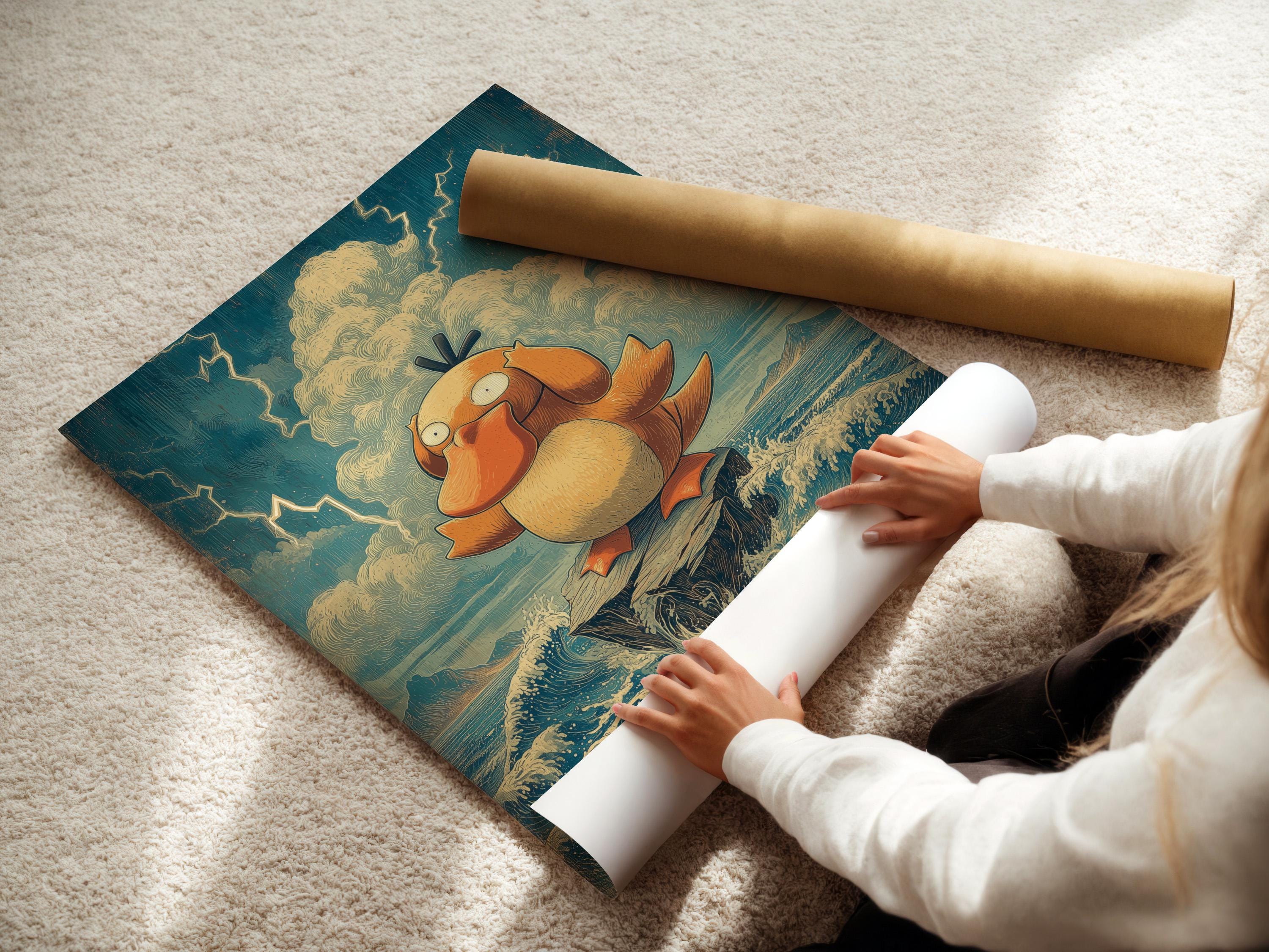 Room mockup showing a framed artwork of a duck in foamy ocean waves